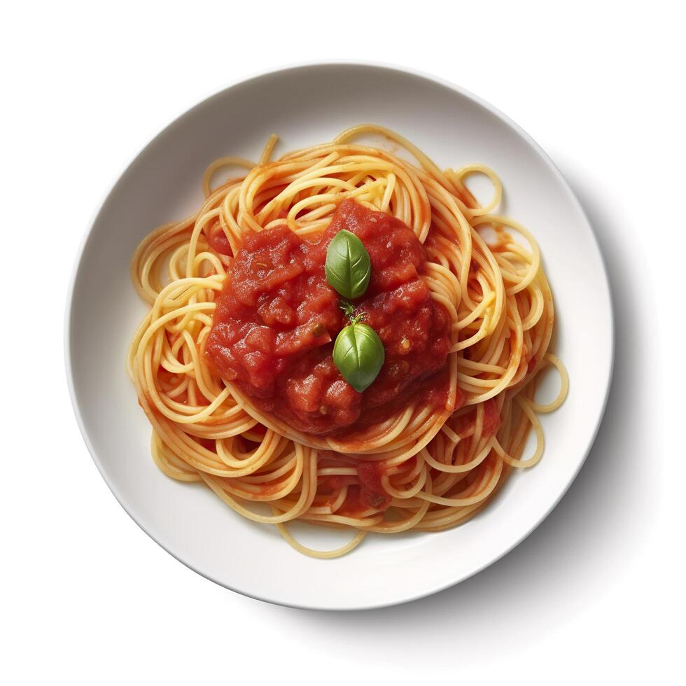 Delicious Plate of Spaghetti with Tomato Sauce on a White Background Generative AI photo
