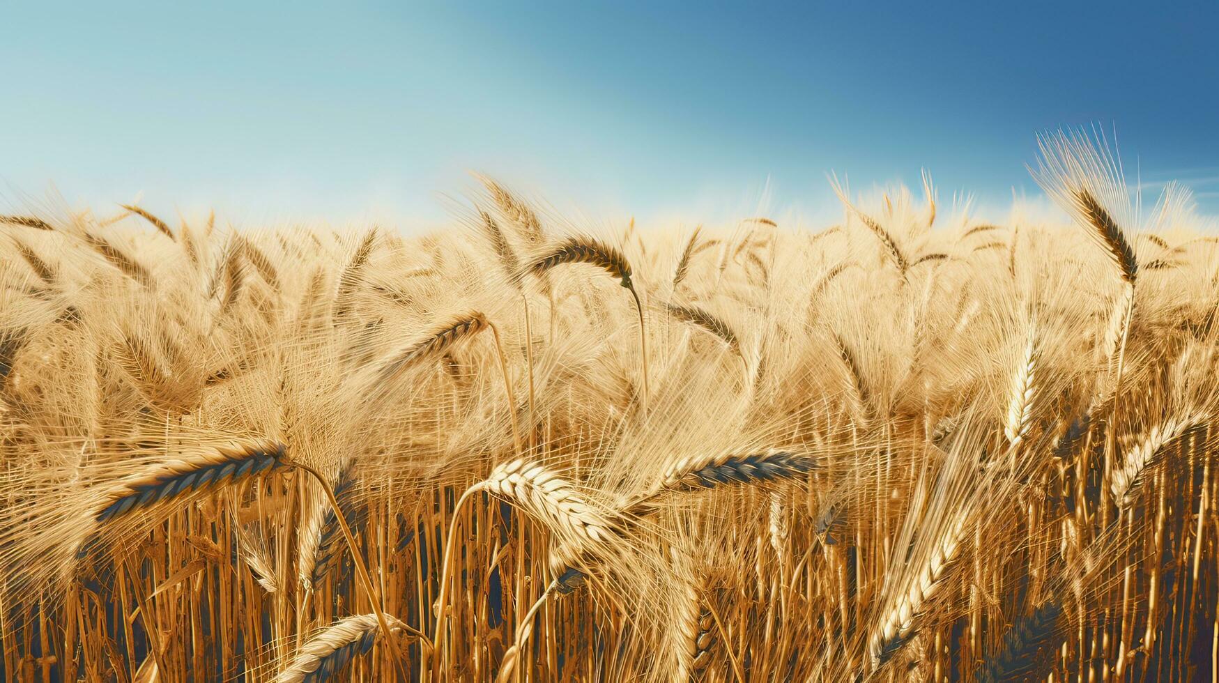 Beautiful Wheat filed shot and sunny day with blue sky AI Generative photo