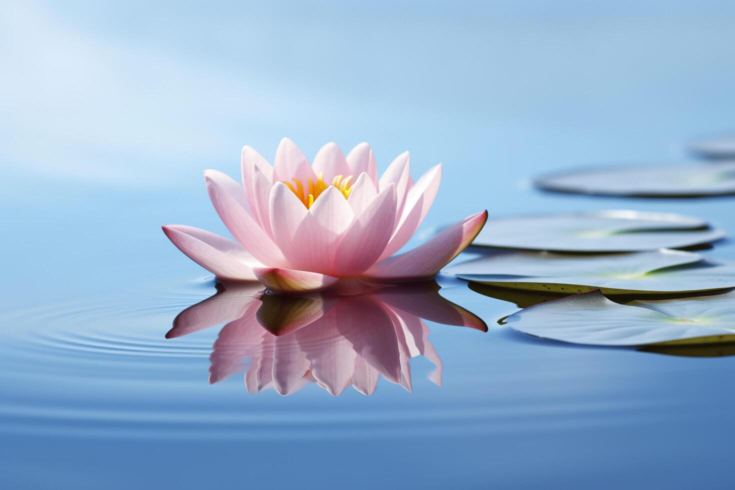 A floating lotus flower on the calm surface of a pond symbolizes the potential for transformation and spiritual growth through the practice of meditation and mindfulness. photo