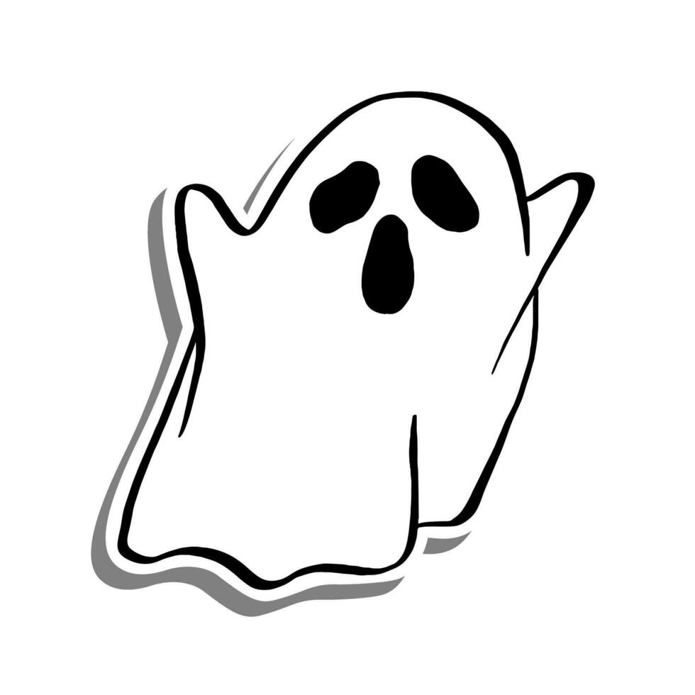 Vector illustration of Halloween Little Ghost Scary. Cartoon line on white silhouette and Gray shadow.