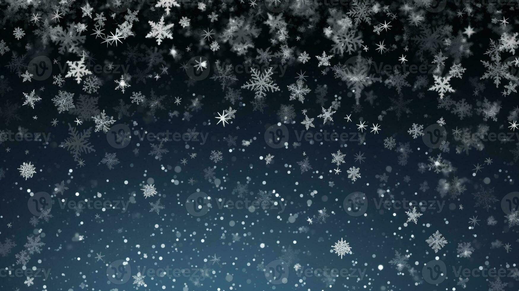 Snowflakes falling over a black blue background, christmas image, photorealistic illustration photo