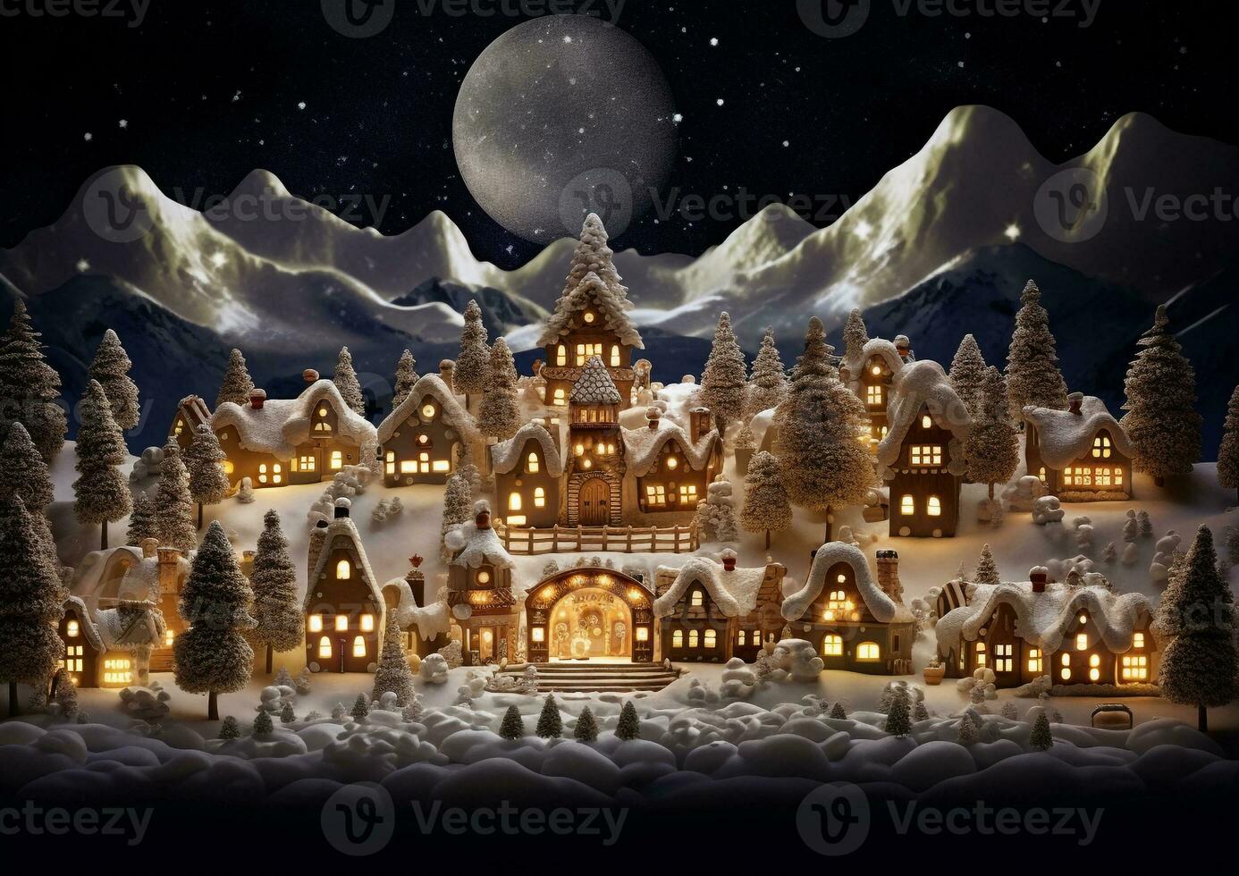 A gingerbread village at night the village is nestled in a valley, christmas image, photorealistic illustration photo