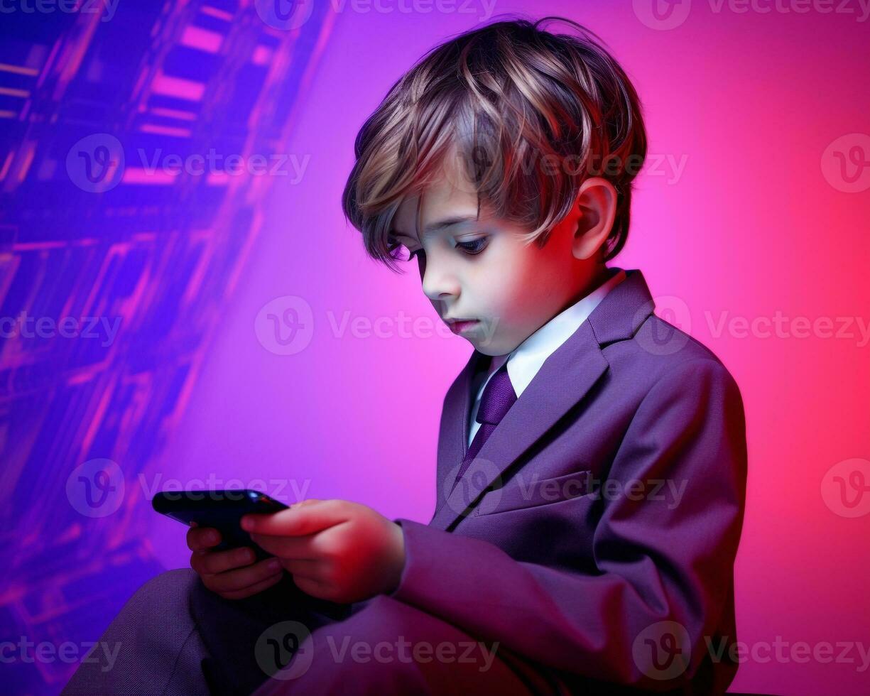 Young boy playing with a smart phone on purple background, international internet day stock photos