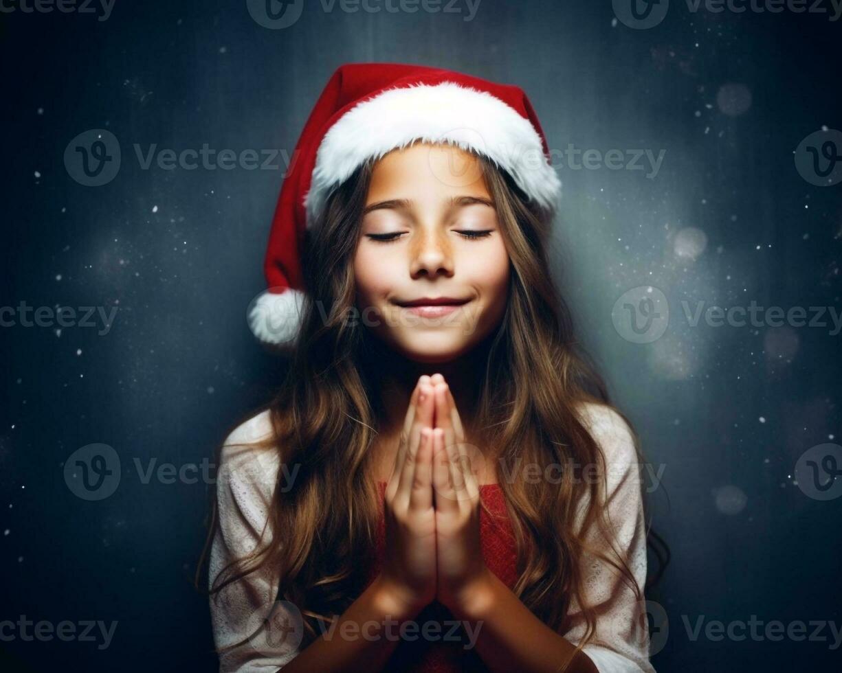 A santa claus clad girl holding up their hands for christmas santa claus, christmas image, photorealistic illustration photo