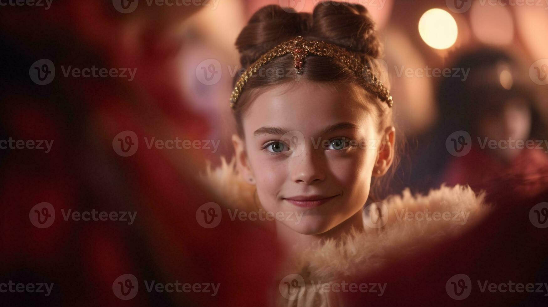 A close up of claras face as she watches the nutcracker perform, christmas image, photorealistic illustration photo