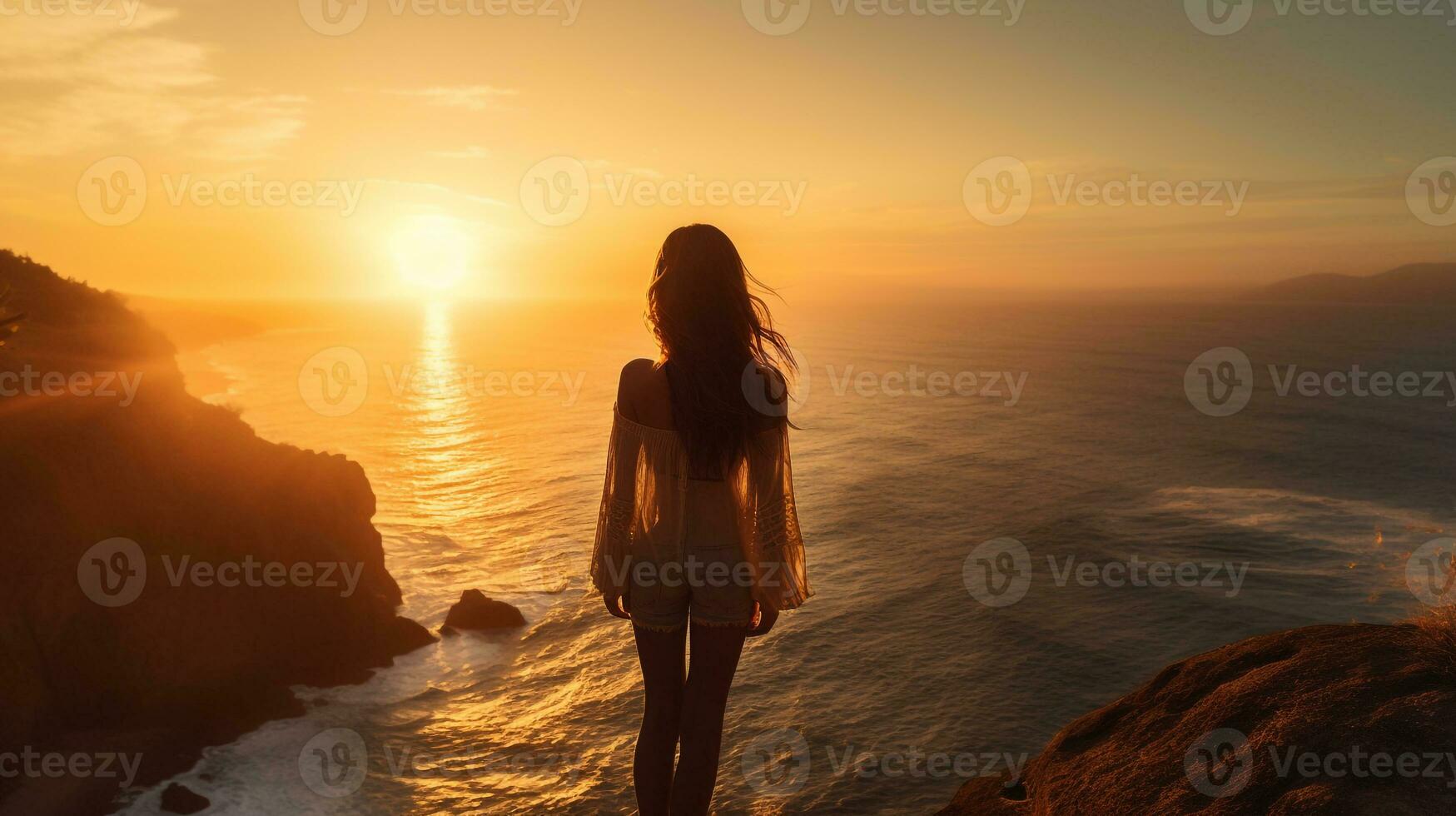 A young woman stands on a cliff overlooking the ocean, mental health images, photorealistic illustration photo