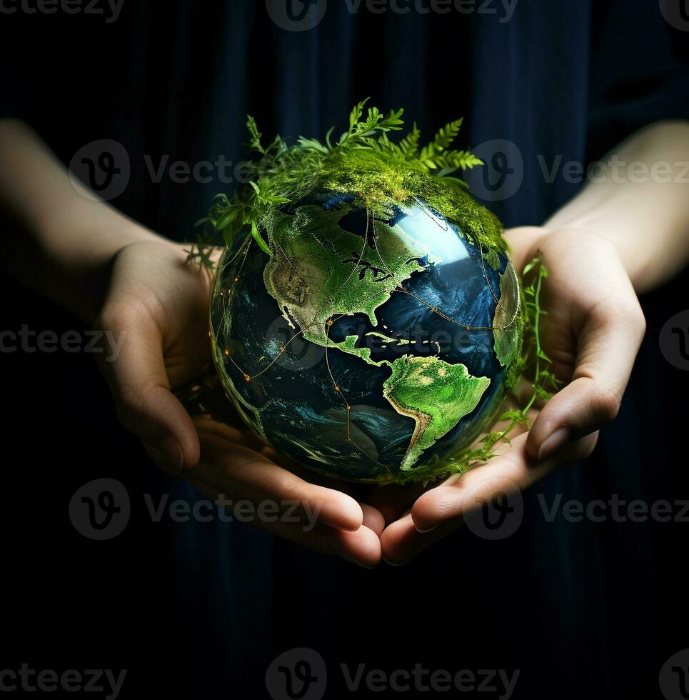 A person's hand holding a green globe, nature stock photo