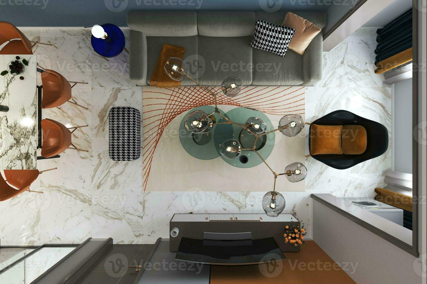 un maravilloso vivo habitación parte superior ver dónde ilustrado con clásico techo ligero 3d representación foto