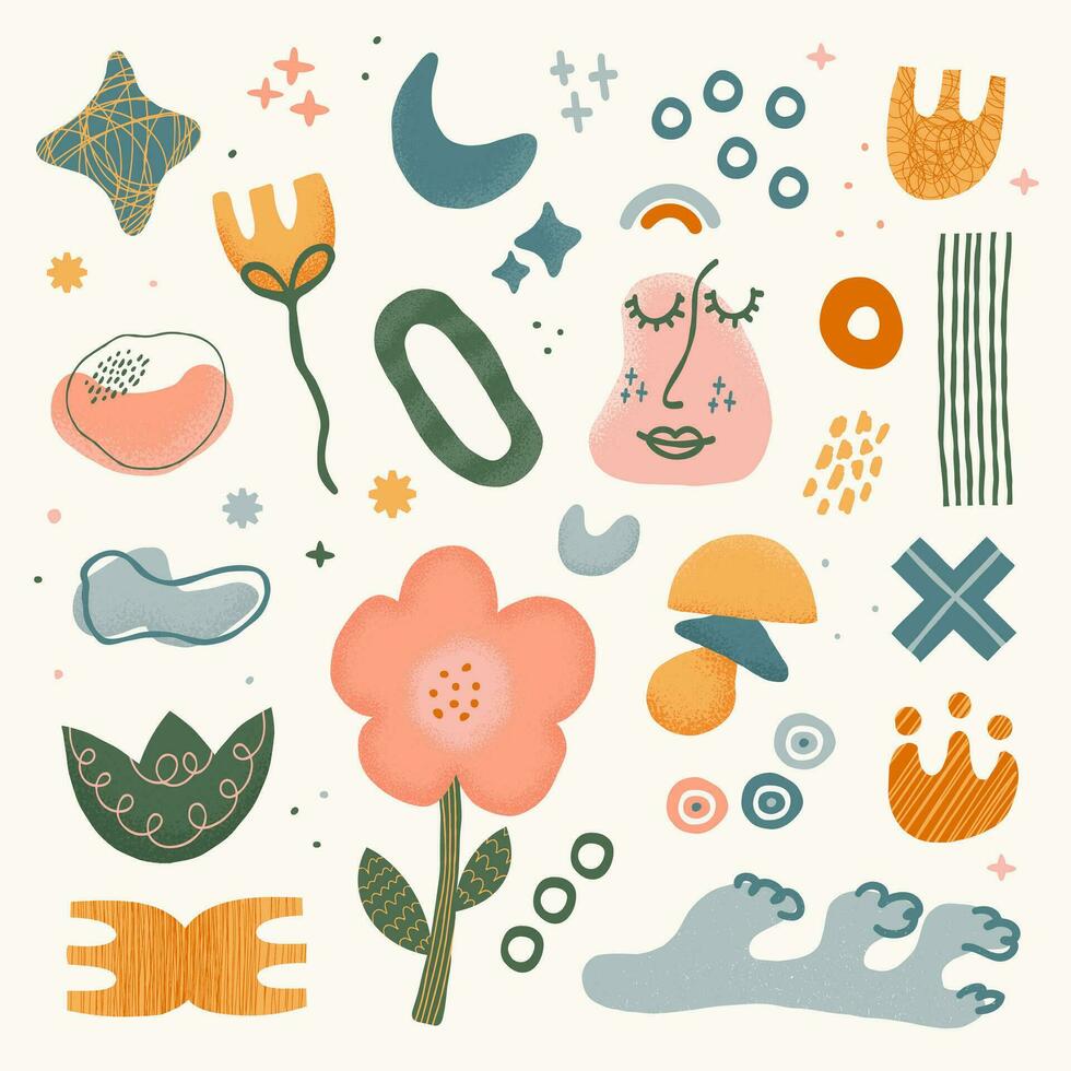 Set of hand drawn various shapes and doodle objects. Textured moon, flowers, face, waves and frames. Abstract contemporary modern trendy vector illustration. Stamp texture. Mental health concept.