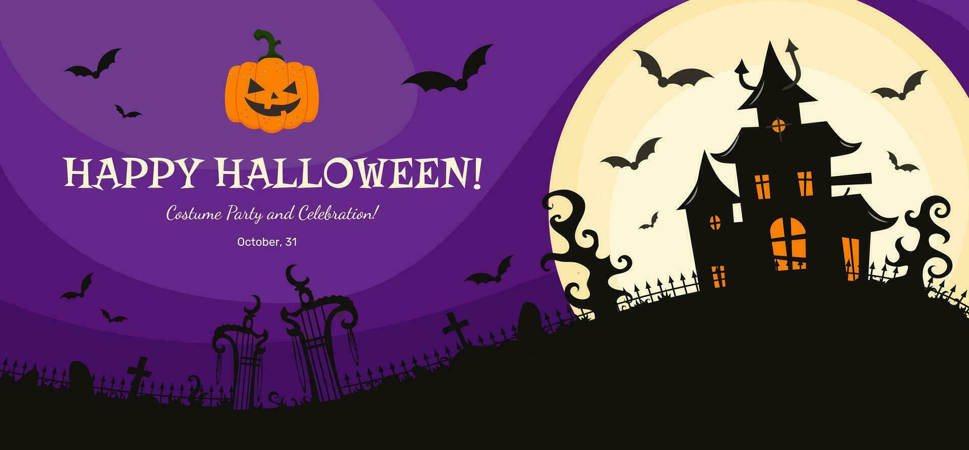 Halloween party invitation banner, greeting card, flyer with creepy haunted house, cemetery and a full moon on the background with flying bats around. vector
