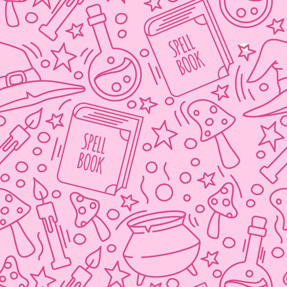 Seamless pink Halloween pattern. Spell book, potion, mushrooms, cauldron. witchcraft. vector