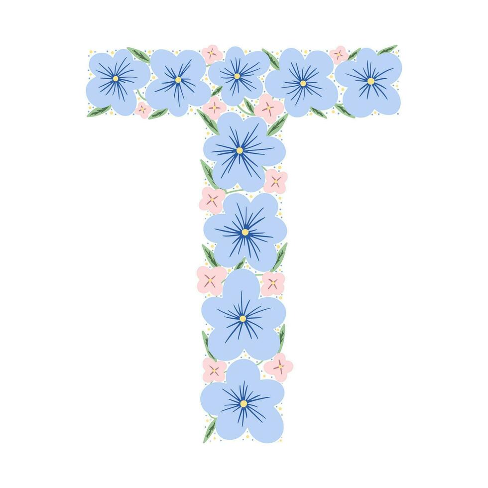 alfabeto botánico floral. letra de monograma dibujada a mano vintage t. carta con plantas y flores. letras vectoriales aisladas en blanco vector