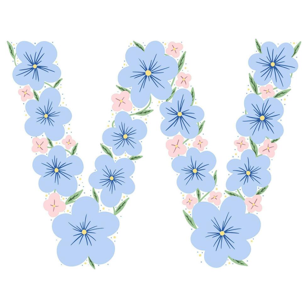 Floral botanical alphabet. Vintage hand drawn monogram letter W. Letter with plants and flowers. Vector lettering isolated on white