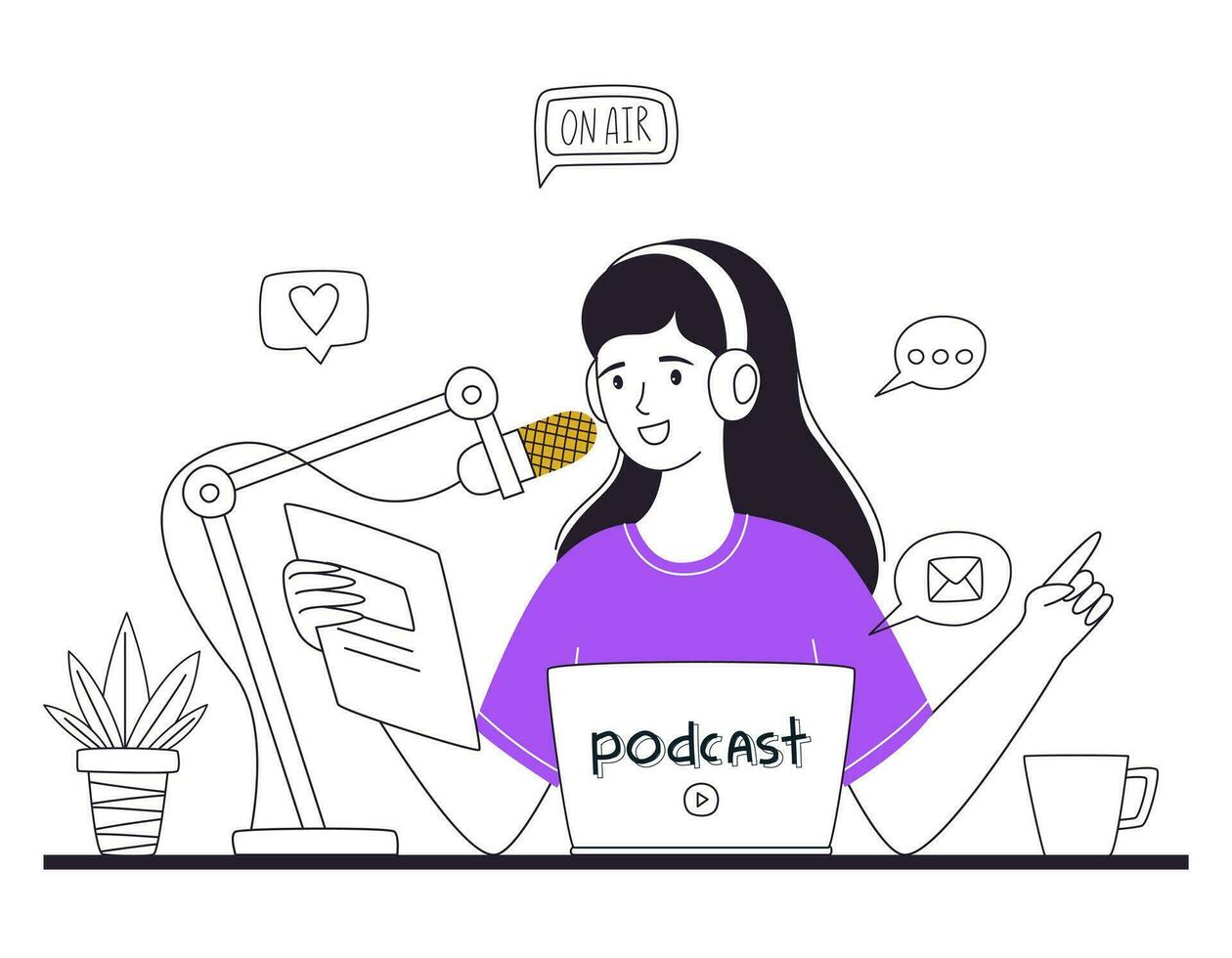 The girl reads the news, talking into the microphone, hosts a podcast or online show. A woman is recording a podcast. The concept of podcasting, blogging, radio broadcast. Outline vector illustration.