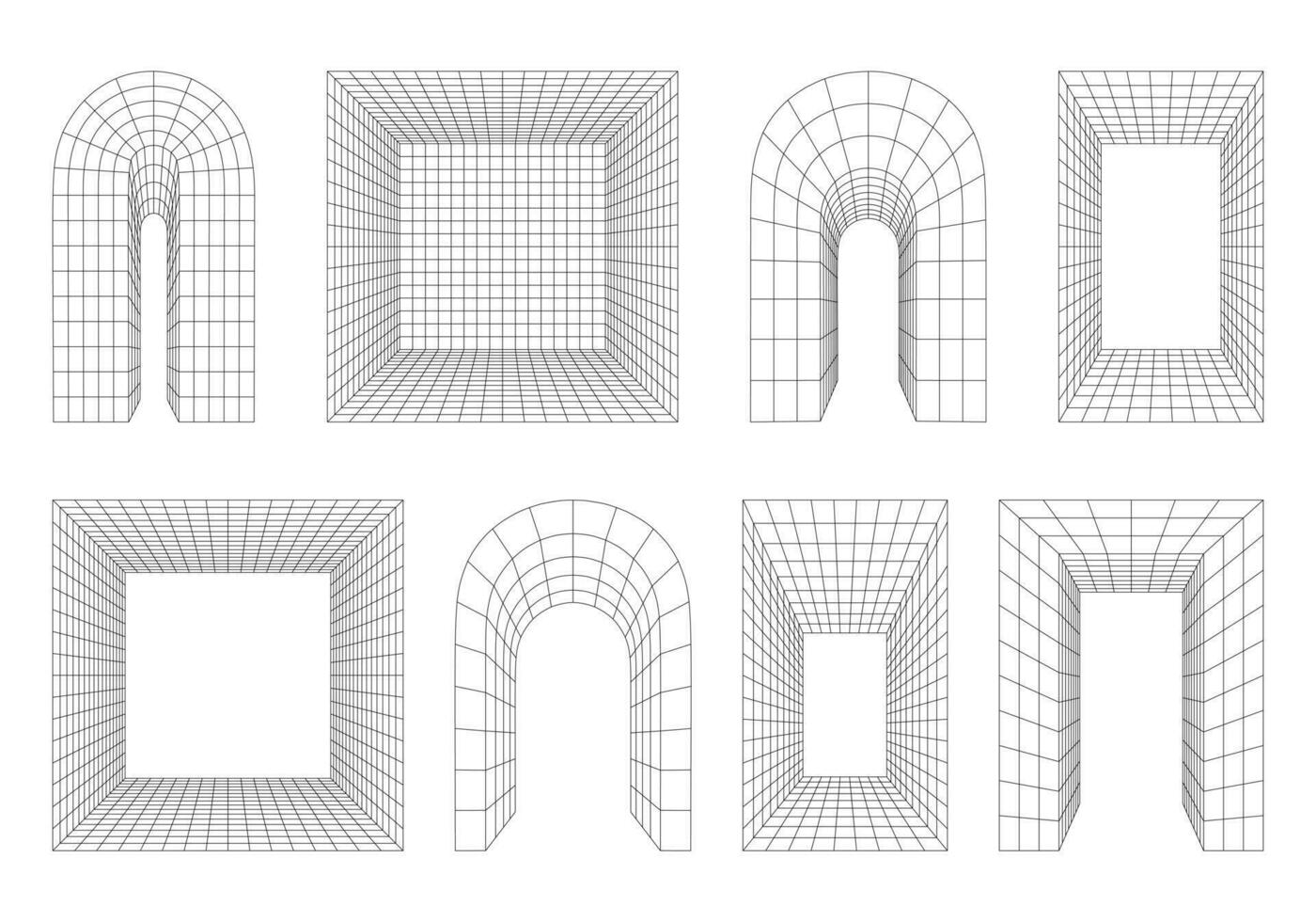 Wireframe 3D arch, arc, portal, gate. Perspective rounded and rectangular shapes, distorted grid, 3D Technology Mesh. Abstract architecture arch. Set of Brutal graphic design elements. vector