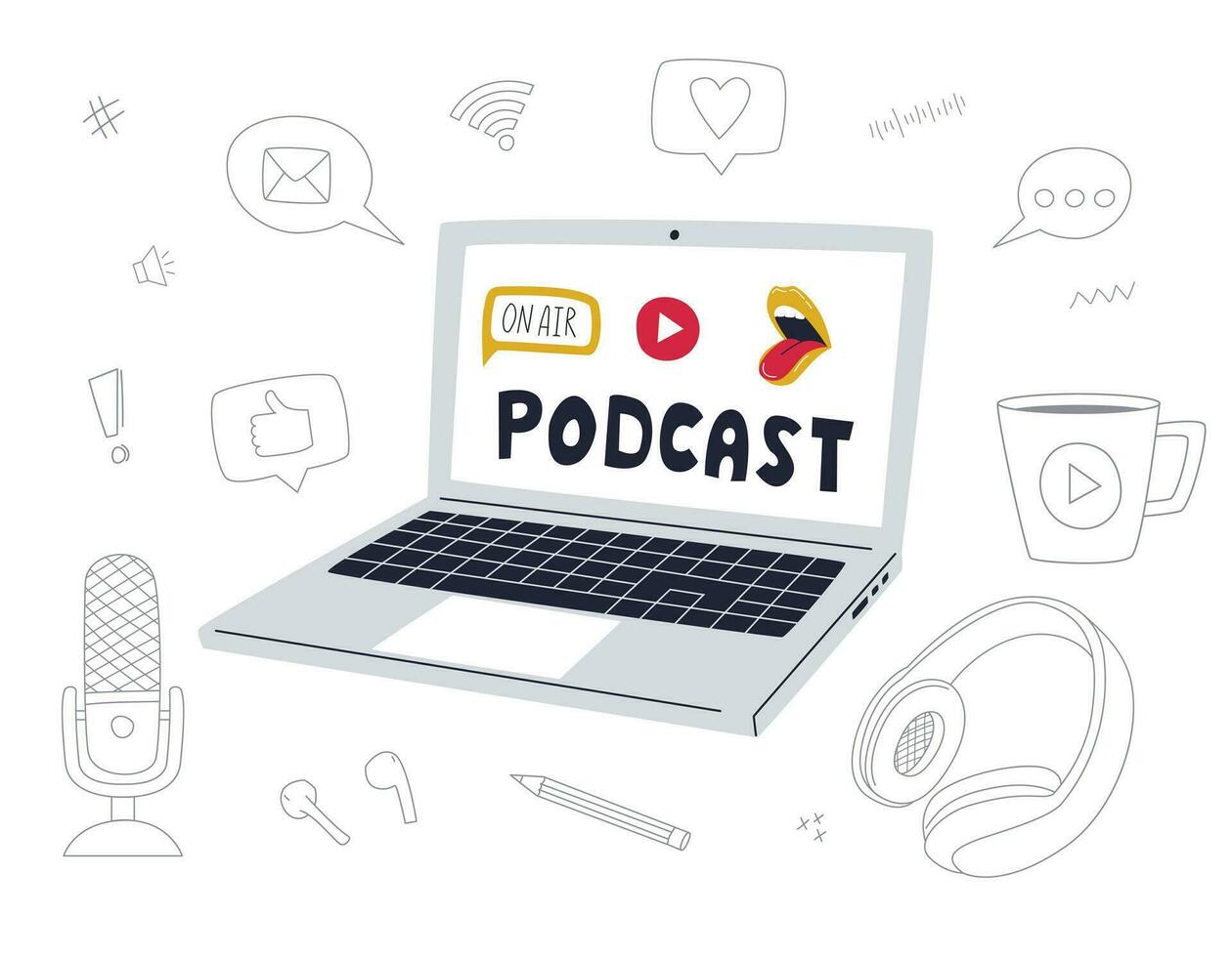 Set of doodle outline podcast elements, symbols, icons. And open laptop with a Podcast word, open mouth and Play button on screen. Microphone, headphones. Vector illustration islolated on white