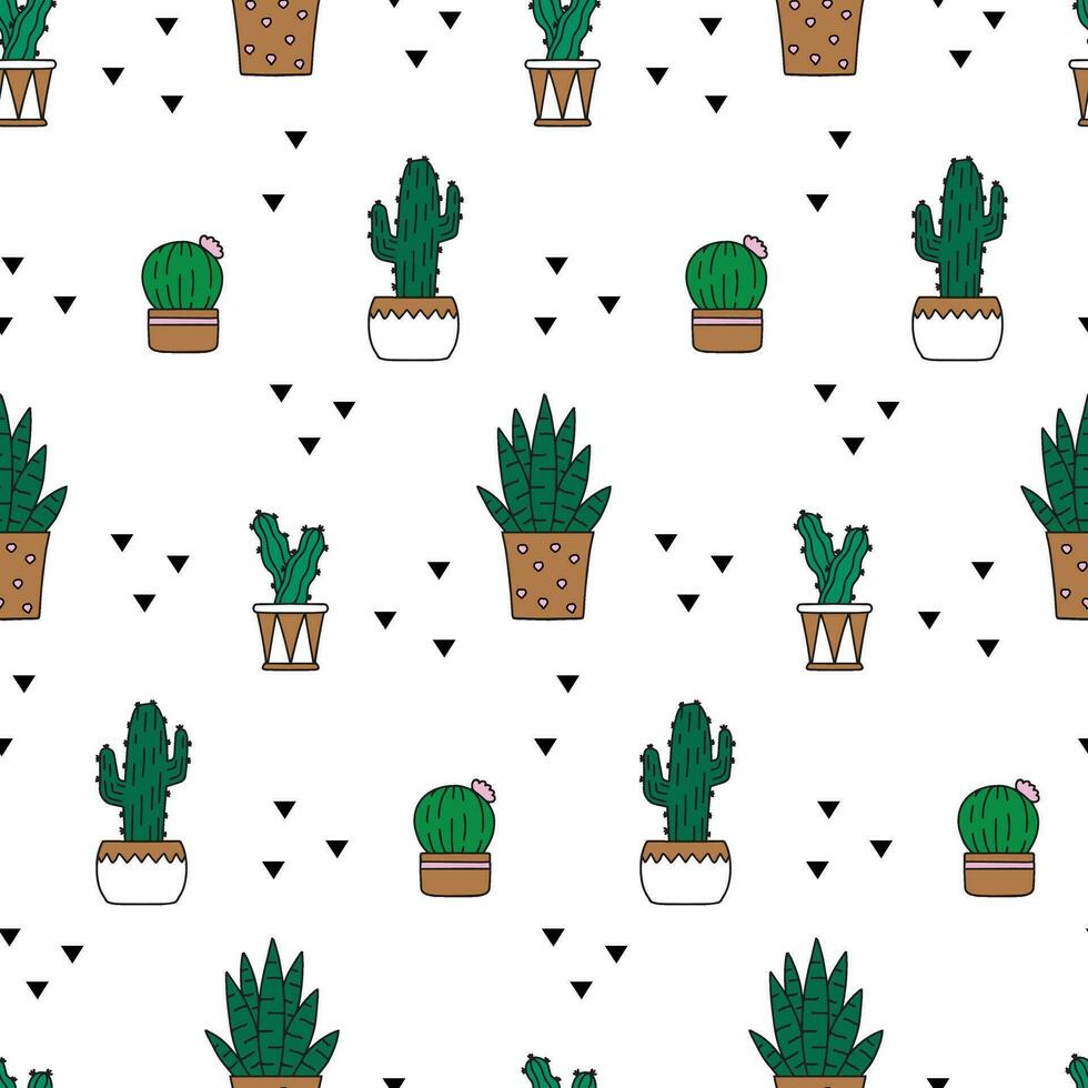 Trendy  pattern with succulents. Hand drawn cactus and sansevieria on white background. Vector illustration