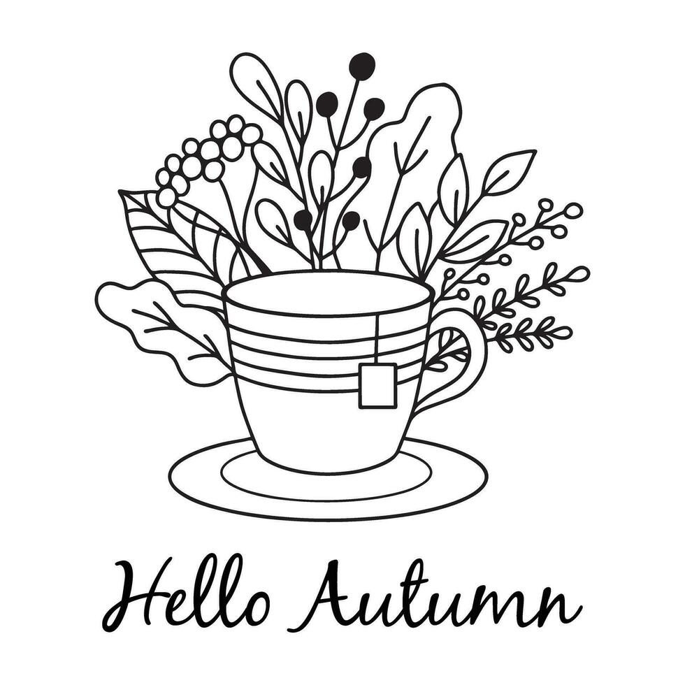 Hello Autumn. Cute coloring page with a cup of tea and autumn leaves. Doodle style vector illustration on white background