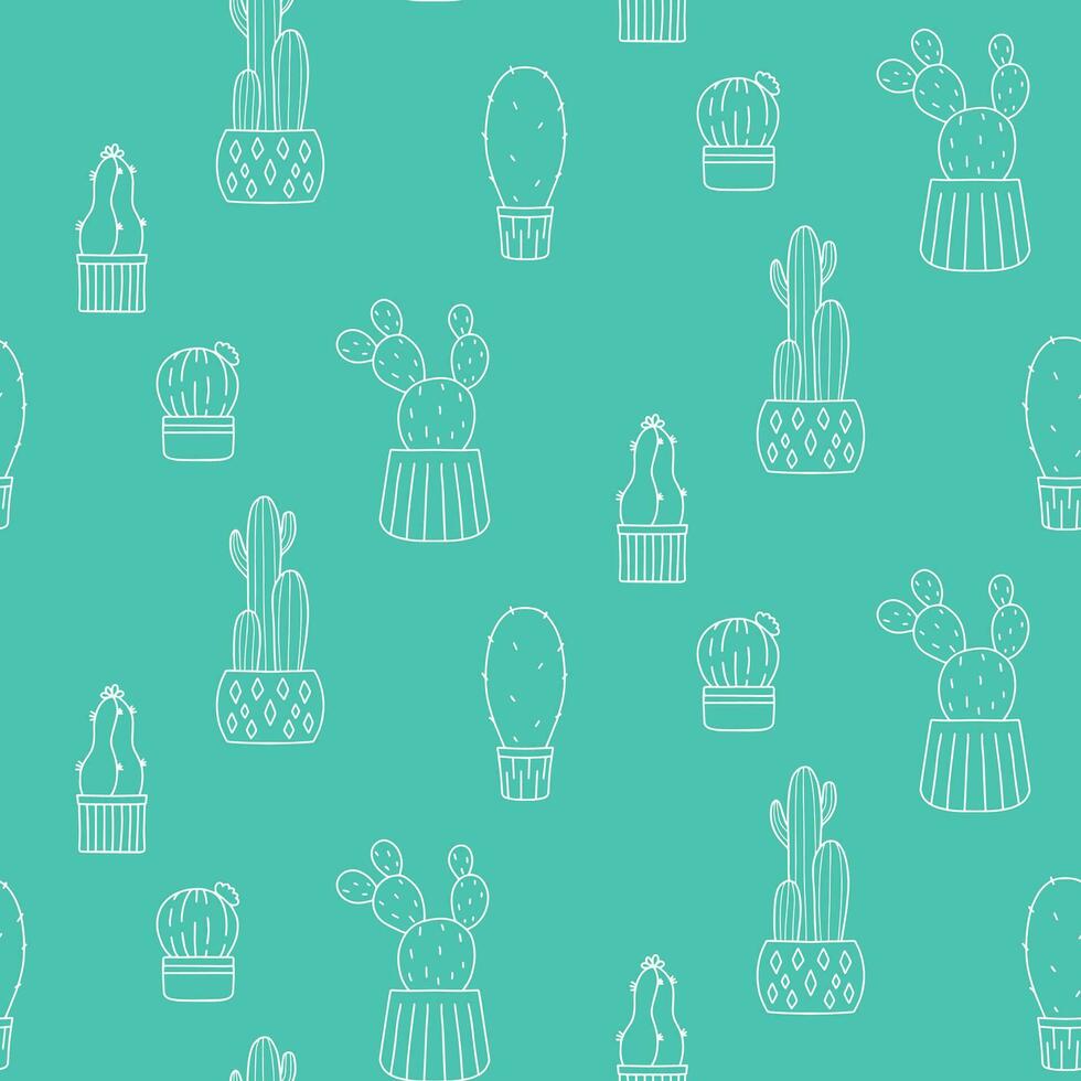 Seamless cactus pattern. Cactus template. Cacti in pots. Vector background. Cute cartoon cactus template