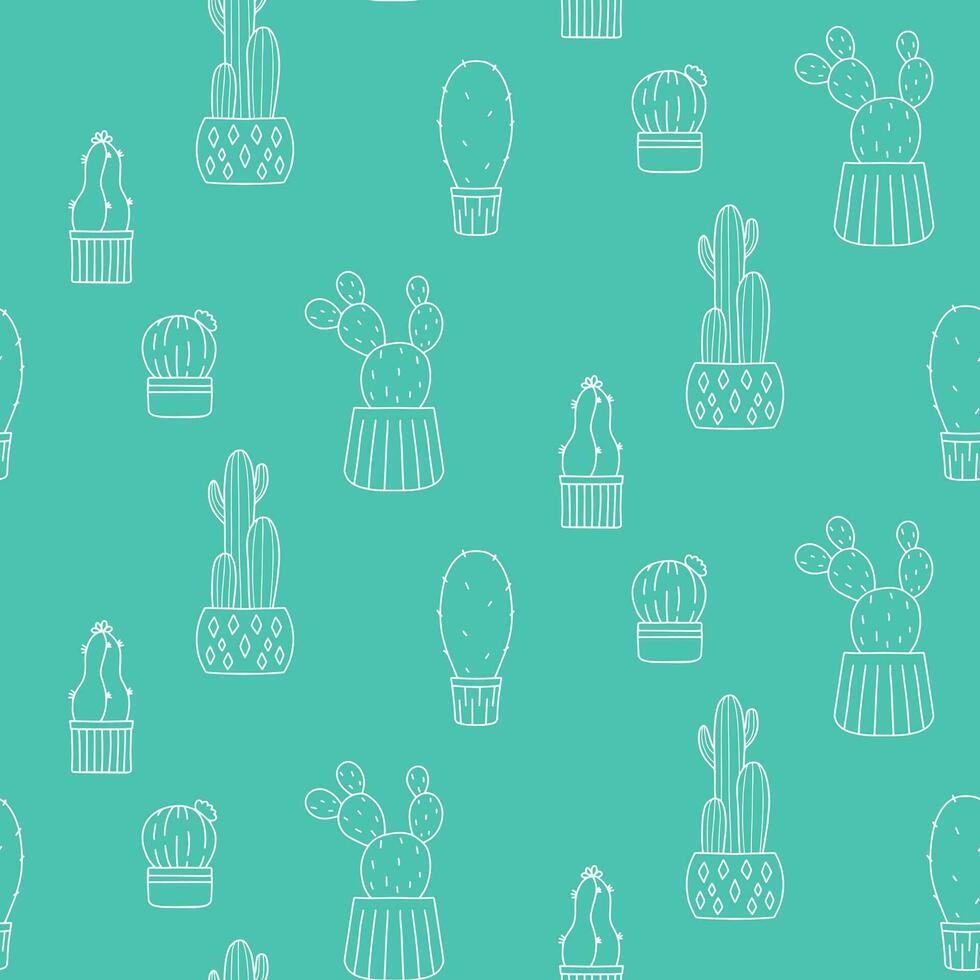 Seamless cactus pattern. Cactus template. Cacti in pots. Vector background. Cute cartoon cactus template