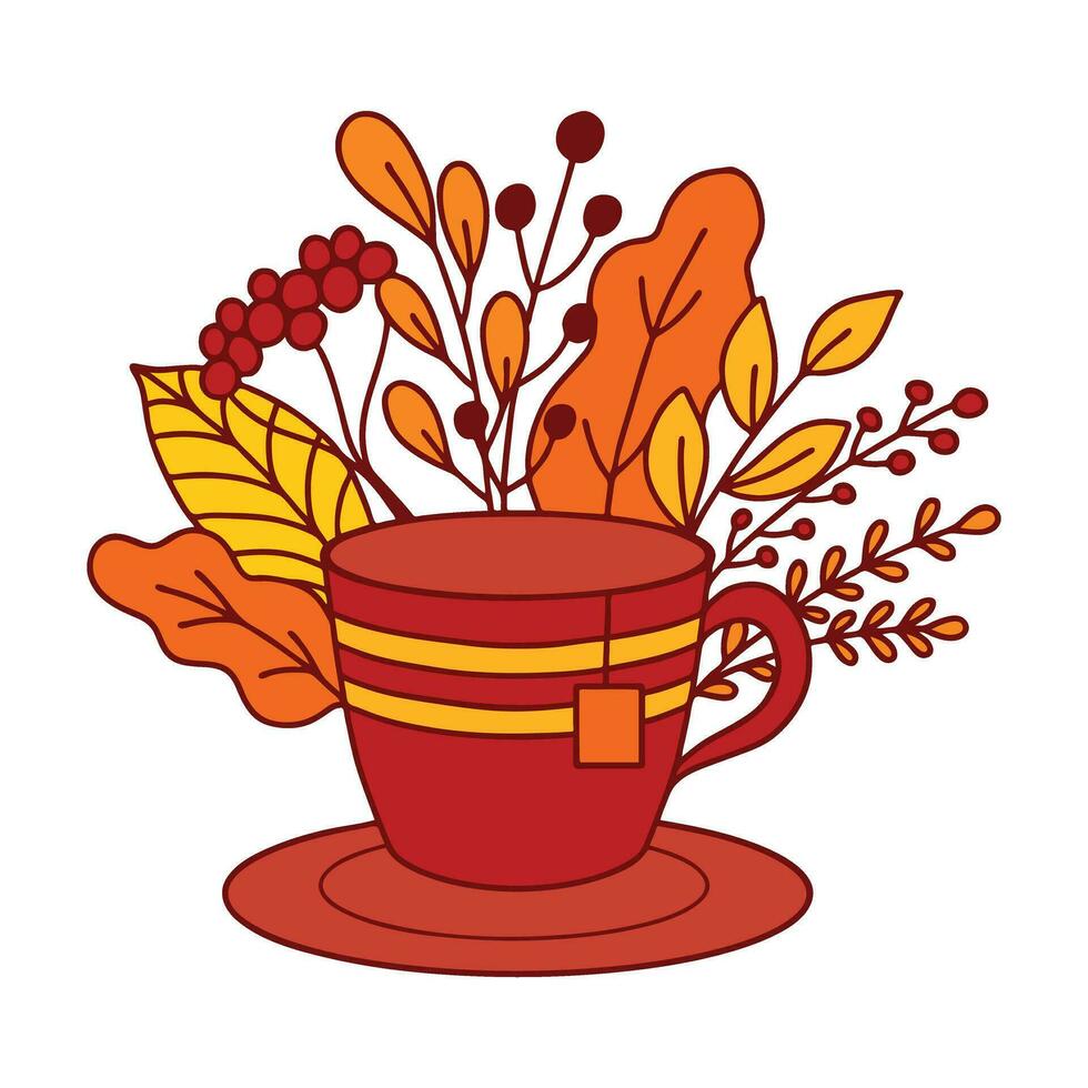 vector plano estilo impresión con taza de té y otoño hojas. otoño amarillo y rojo hojas detrás taza de té ilustración