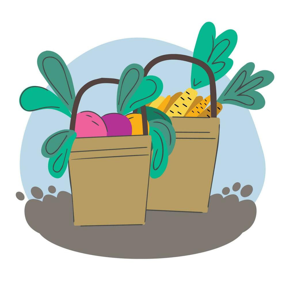 Harvest, bucket with vegetables. Agricultural autumn work. Flat isolated illustration vector