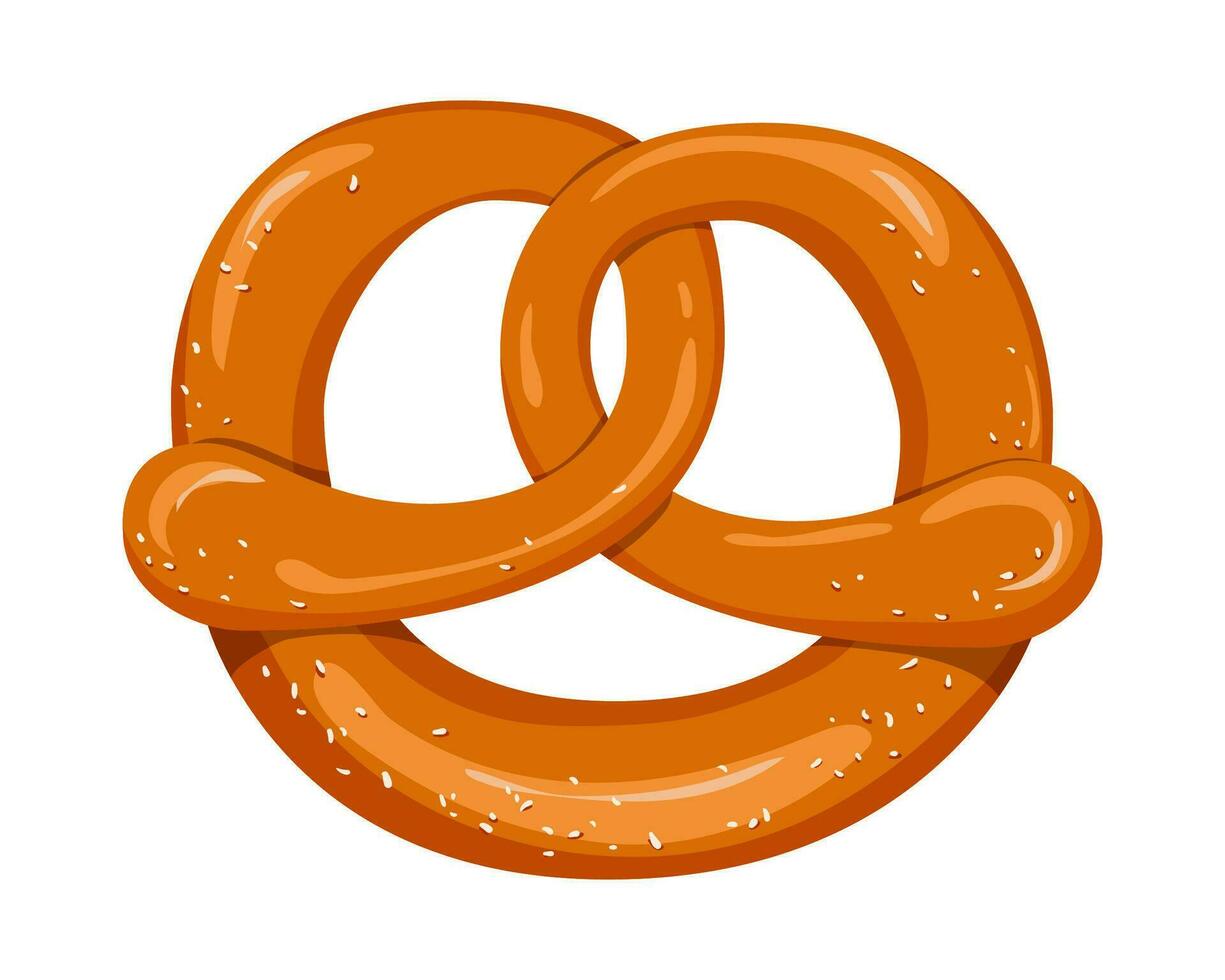 Salty pretzel is a traditional German beer snack. Vector symbol of the Oktoberfest festival. Bavarian twisted bun. Image for the menu of a bakery, cafe or restaurant in a cartoon style.