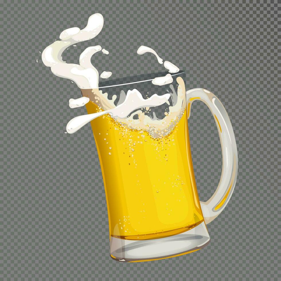 A mug of fresh beer. A glass with foam splashes . Vector illustration for brewery menu, Oktoberfest, party invitations.