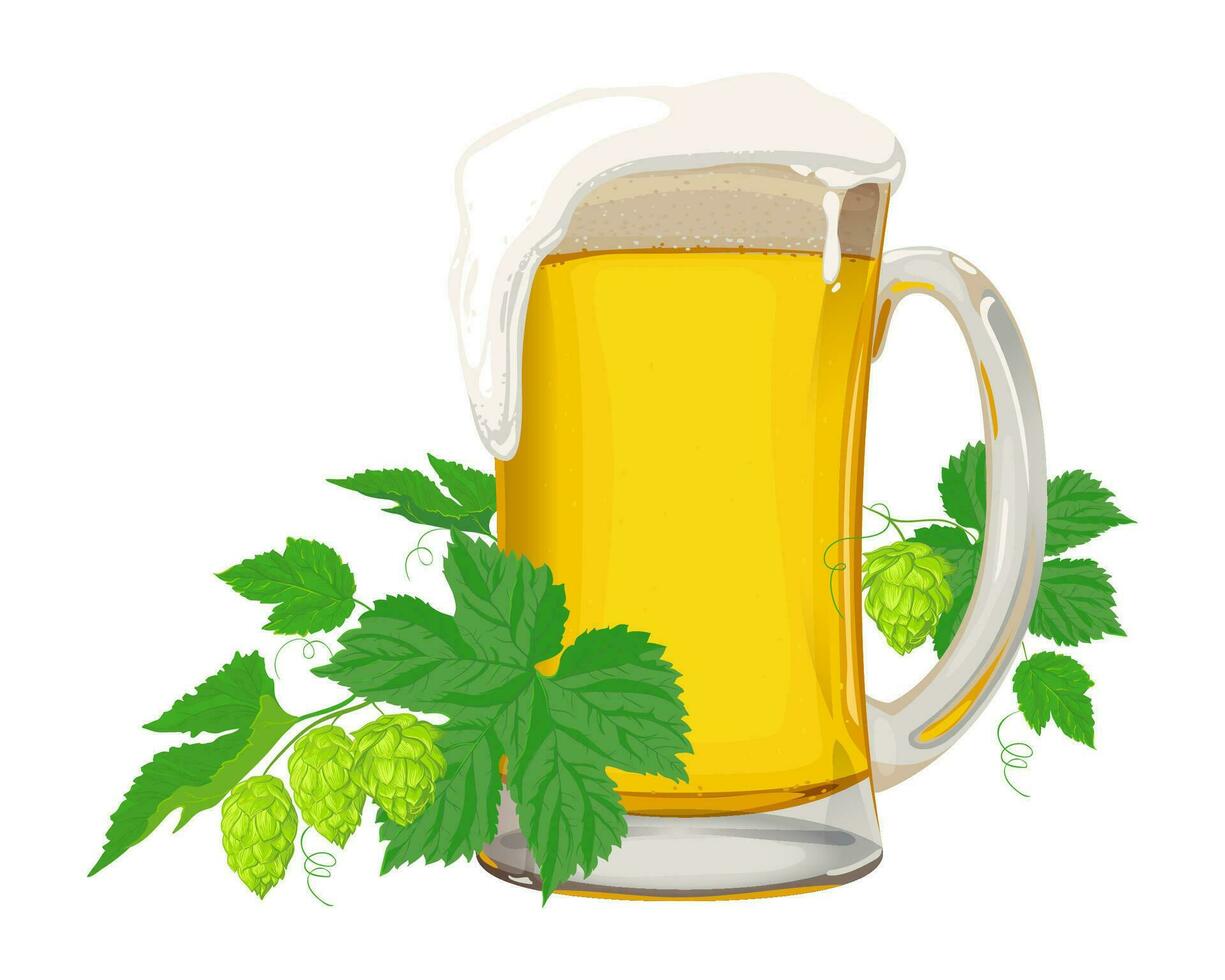 A mug of light beer and a sprig of hops with ripe fruit. Illustration for the beer festival, menu. vector