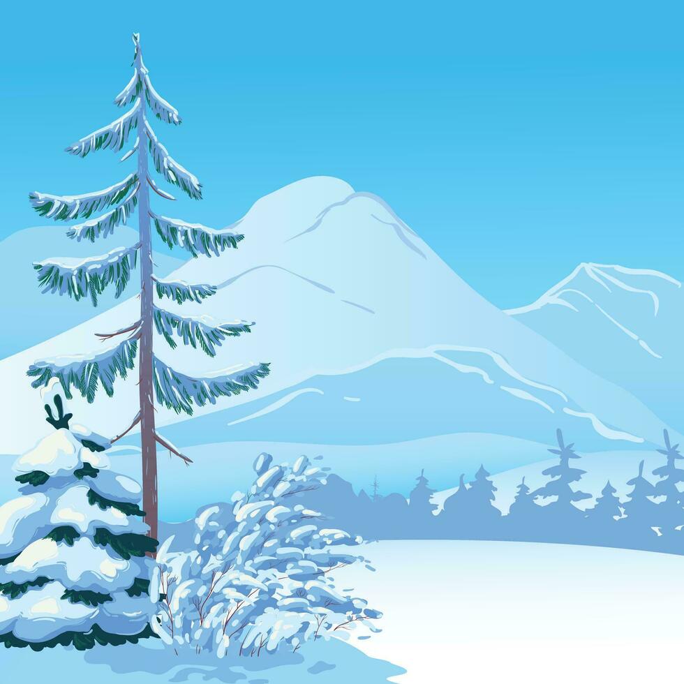 vertical escena con que cae nieve. cubierto de nieve árboles, abetos en contra el fondo de bosques y montañas. vector ilustración. Navidad escena.