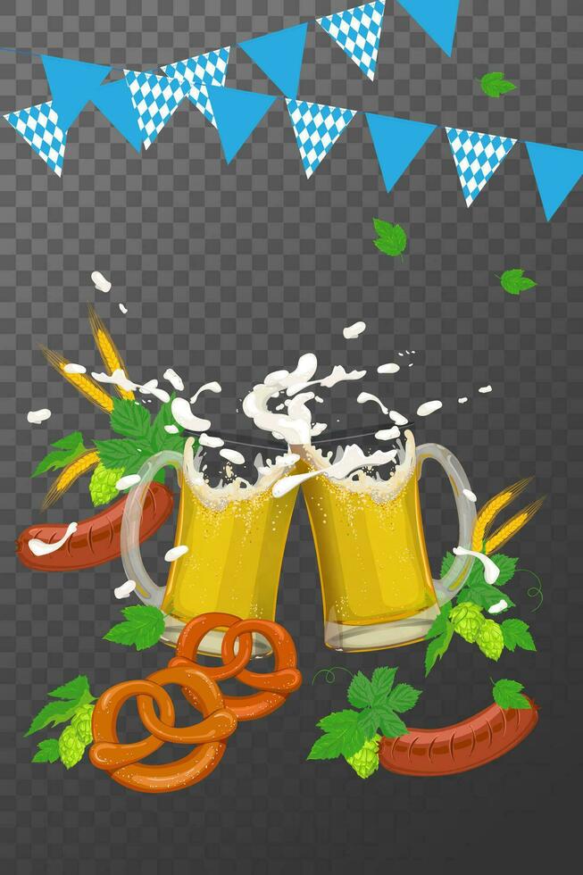 Advertising of the traditional Oktoberfest beer festival with a glass of beer, pretzels, hops and sausages. The concept of the design of a poster, invitation or festival menu. Vector. vector