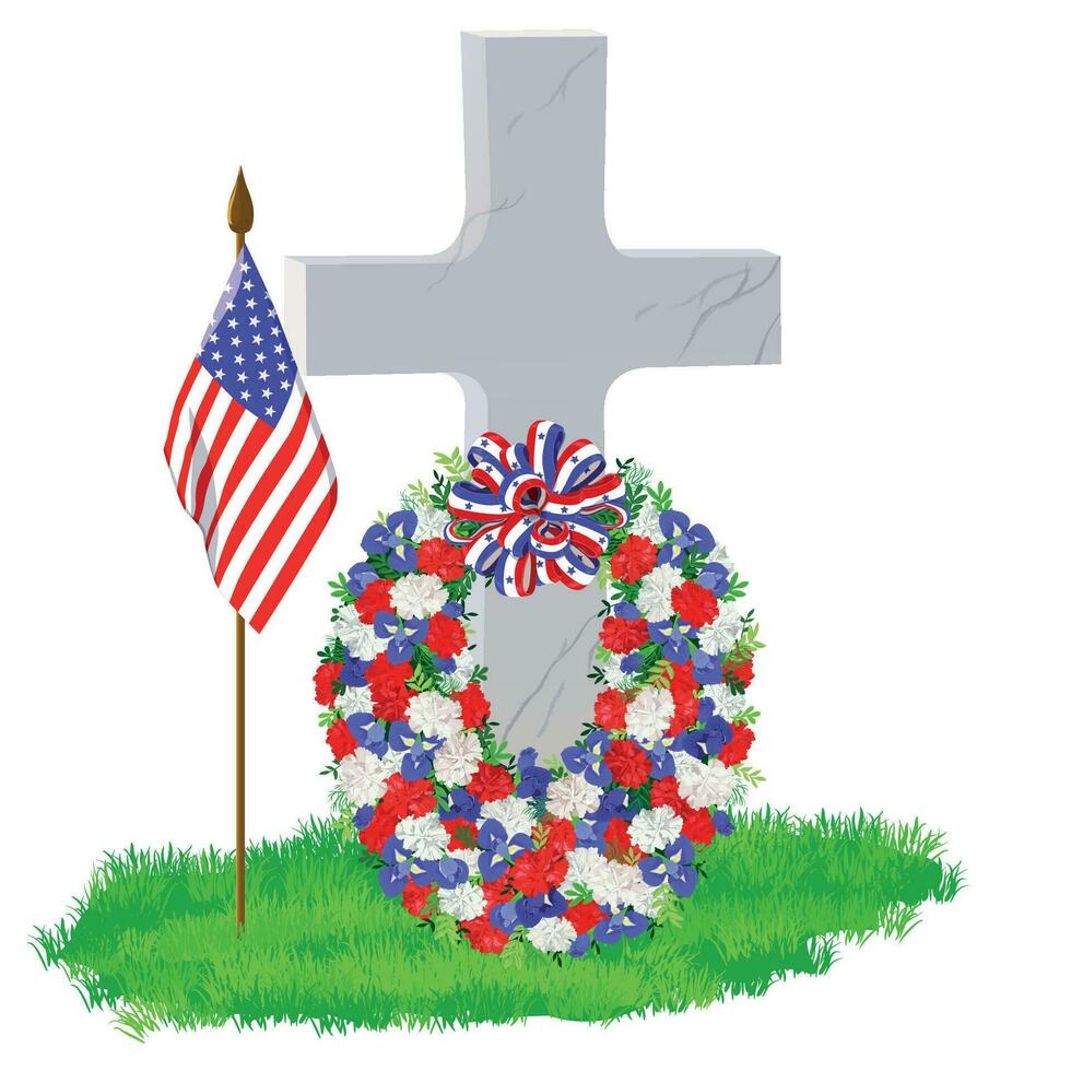 White marble tombstone in the shape of a cross on green grass. Wreath of white, blue and red flowers. On Memorial Day, an American flag adorns the grave. Vector illustration.