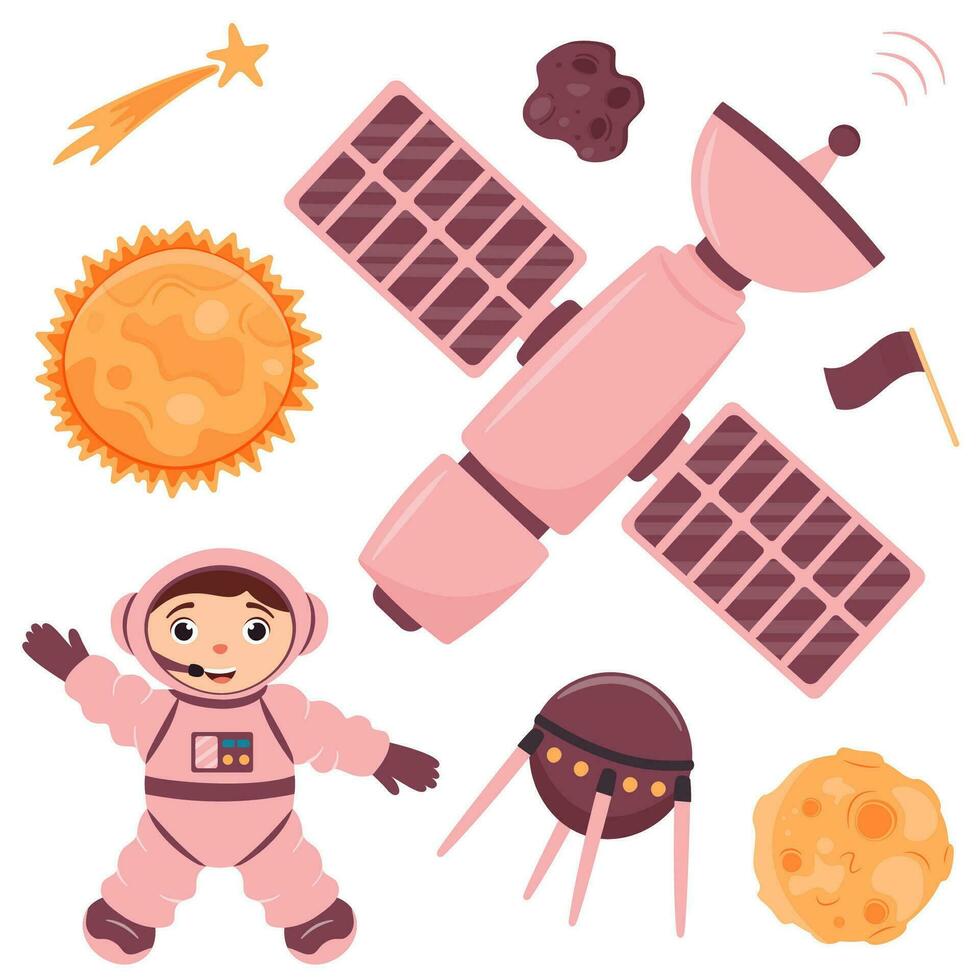 A set of illustrations with a space station, satellite, astronaut, moon, sun, shooting star in cartoon style. vector