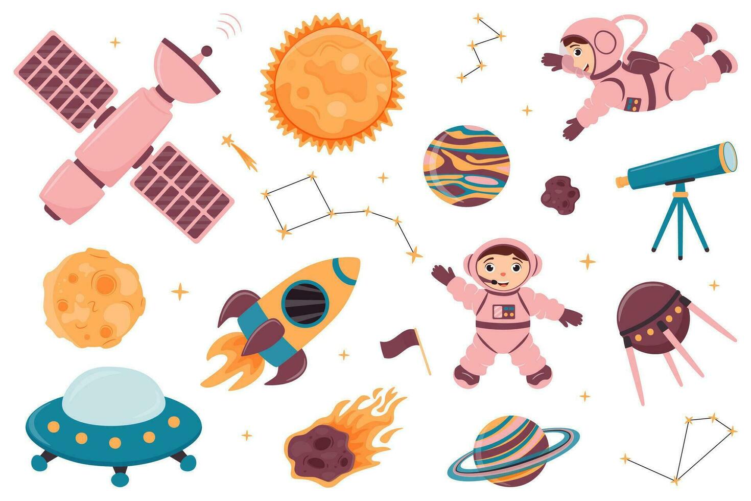 un conjunto de ilustraciones con linda astronautas, astronave, telescopio, espacio estación, satélite, cohete, constelaciones, luna, Dom y planetas en dibujos animados estilo. vector