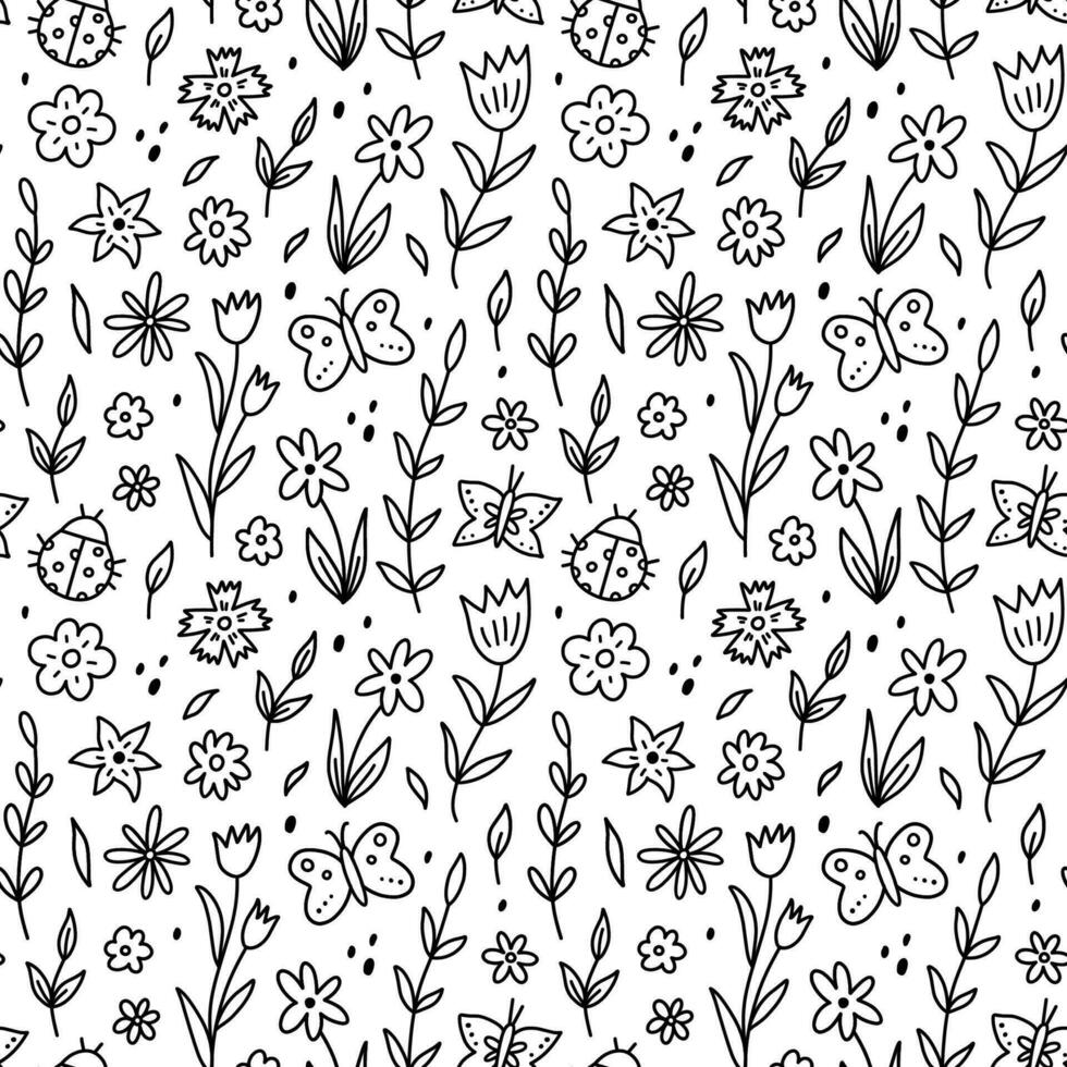 Cute seamless pattern with butterflies, ladybugs, spring flowers and leaves. Vector hand-drawn doodle illustration. Perfect for holiday designs, print, decorations, wrapping paper, wallpaper.