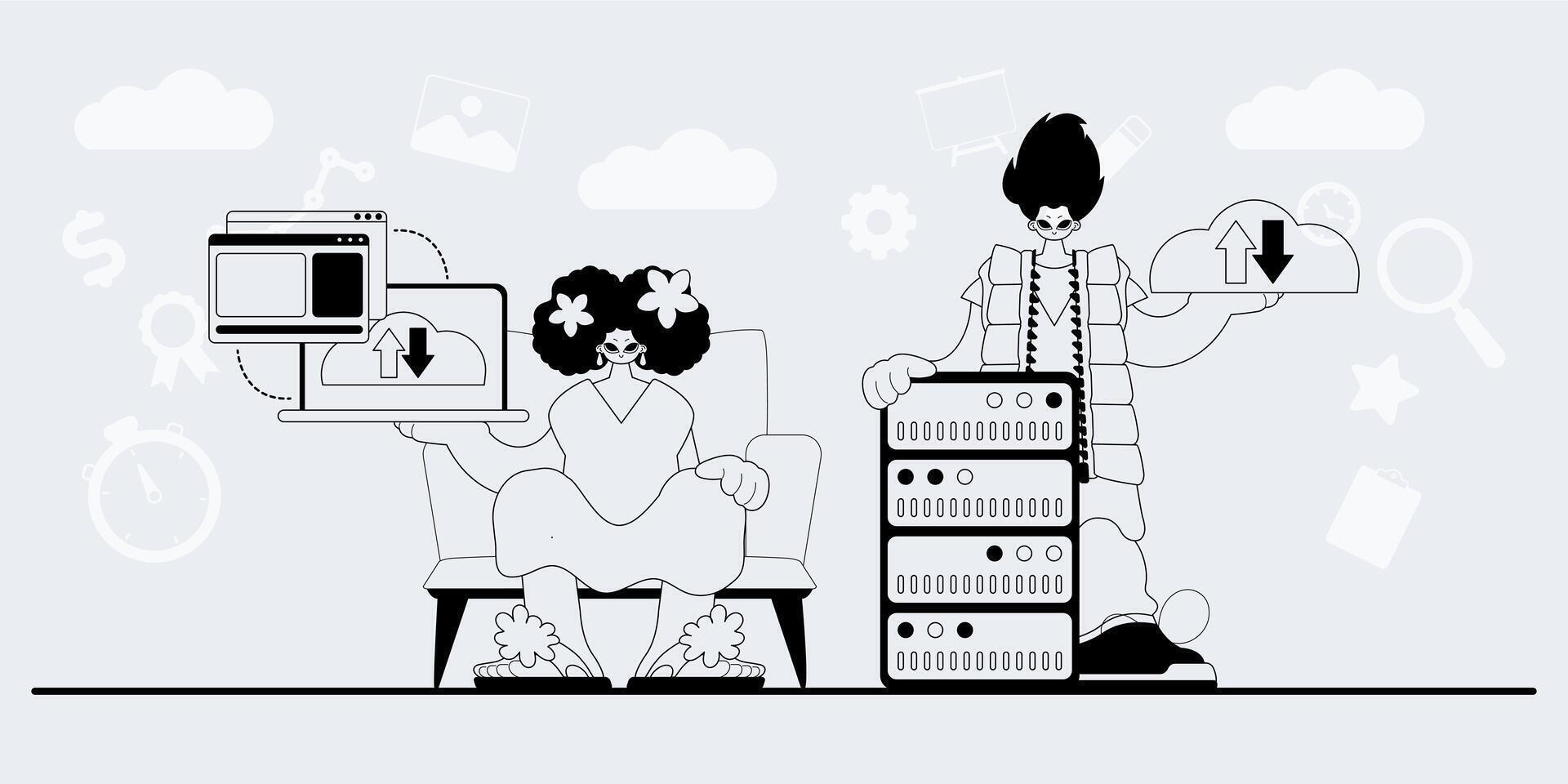 Two people sitting on a chair with a computer and a phone vector