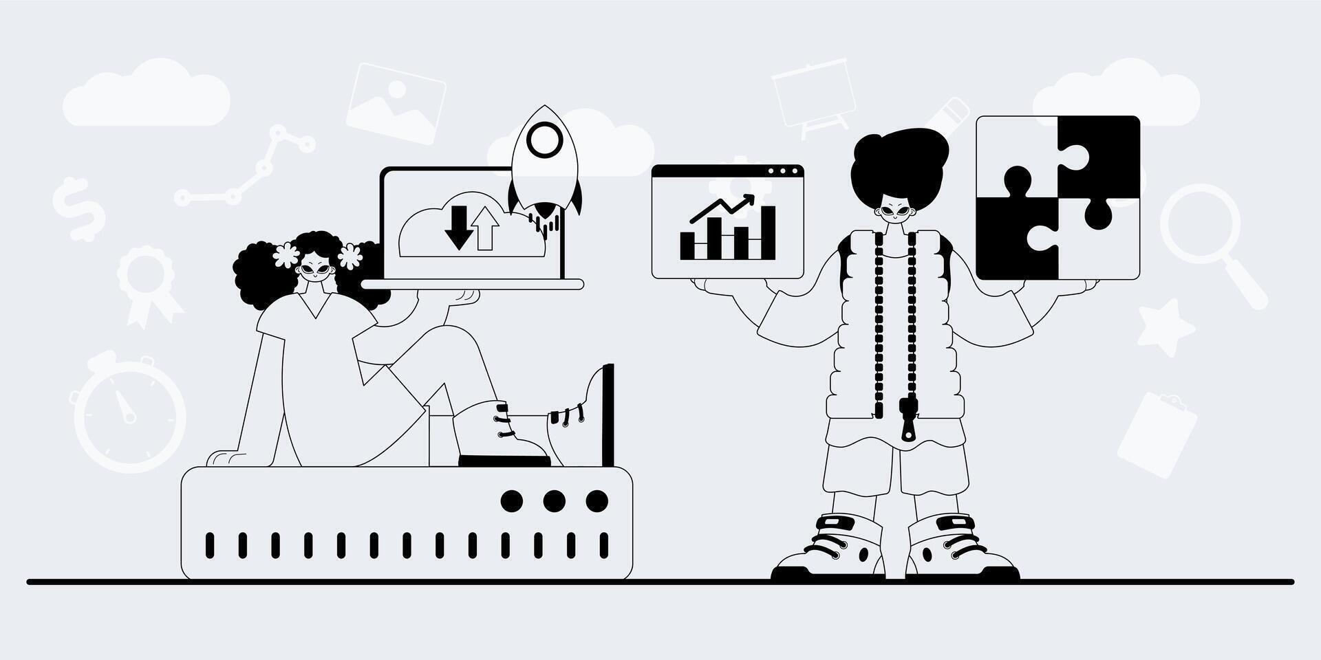 A man and woman are holding up a laptop and a tablet vector