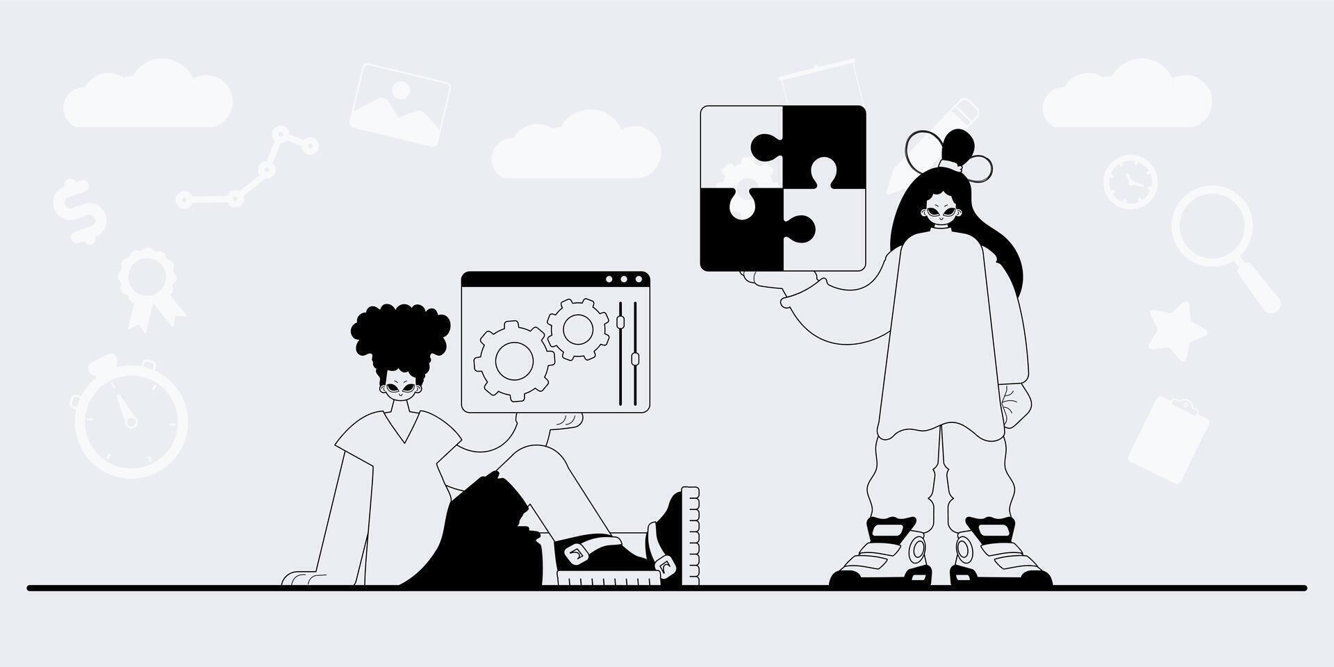 Two people are holding up a puzzle piece vector