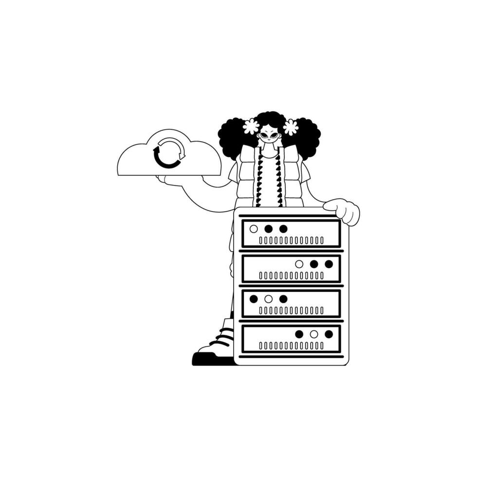 girl and server . Cloud storage composition . black and white line art. Trendy style, Vector Illustration