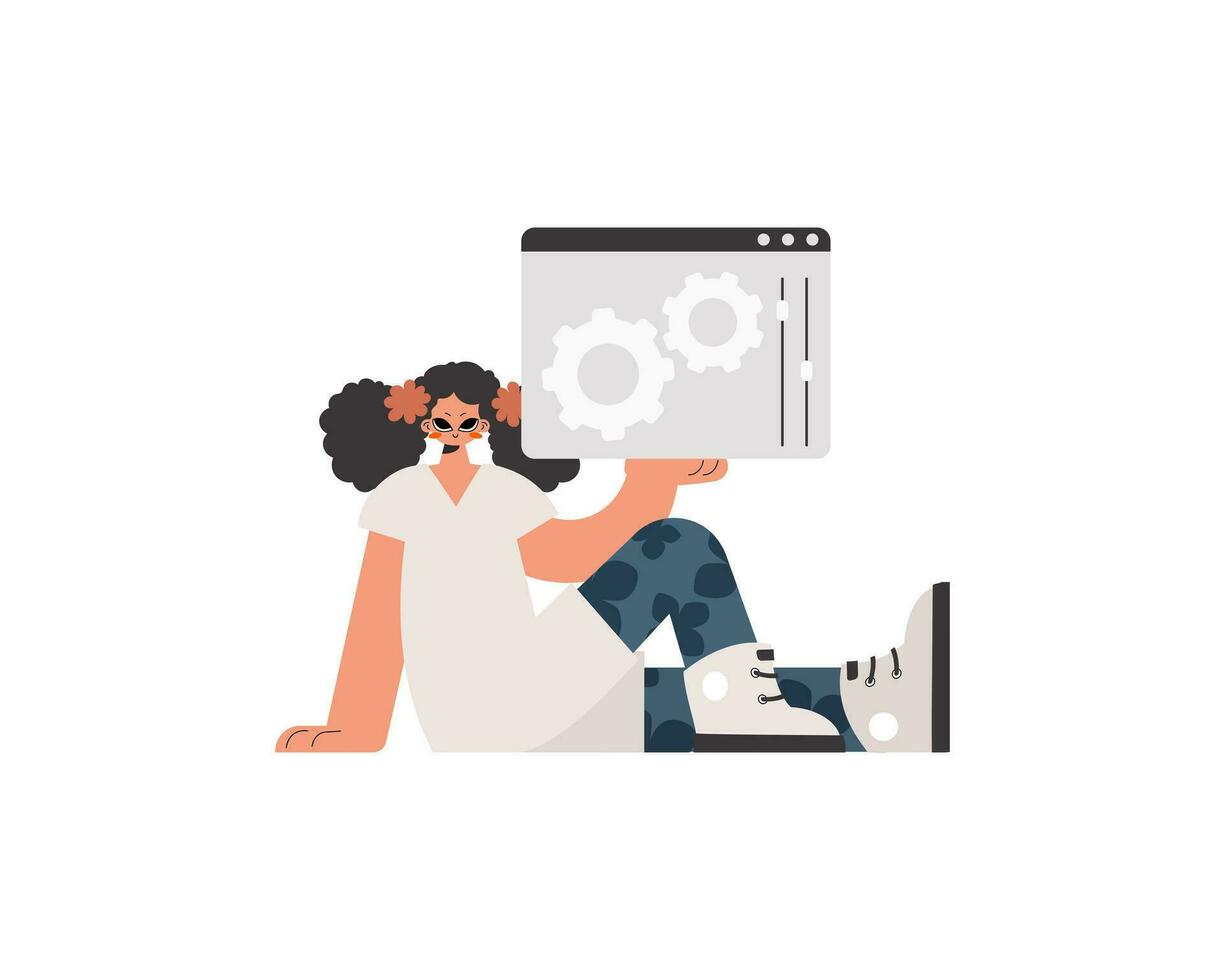 el joven dama es participación un navegador ventana con engranajes seo y web investigando tema. desconectado. de moda estilo, vector ilustración