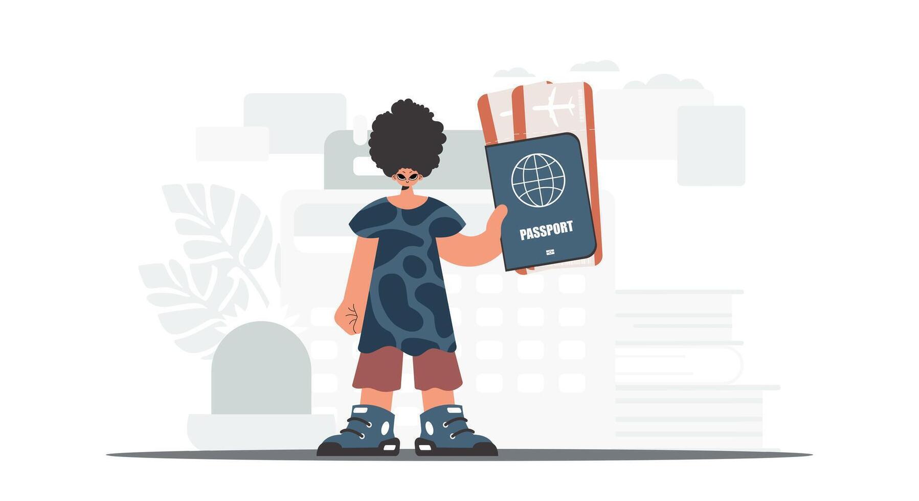 A cartoon man holding a passport and a globe vector