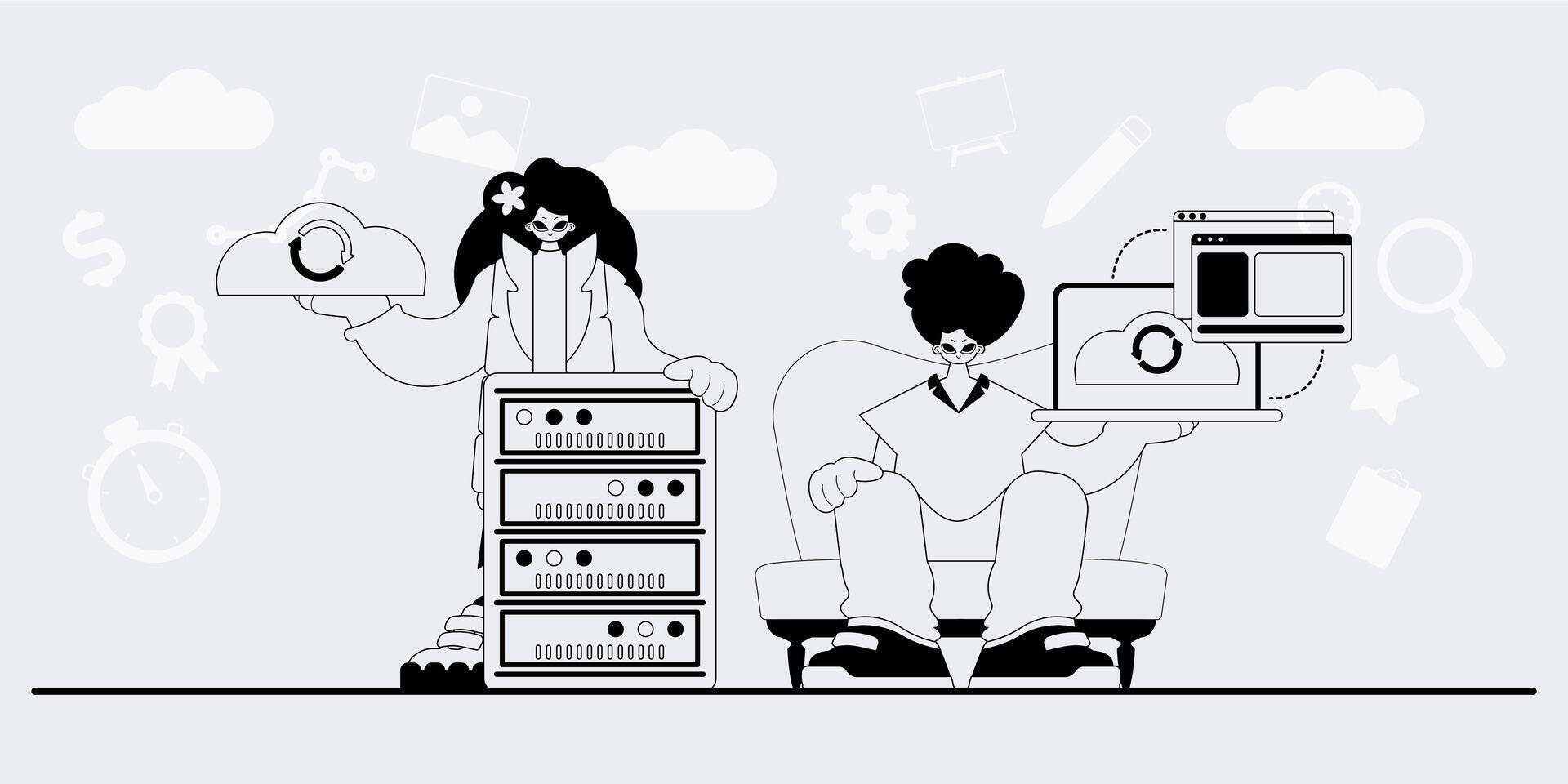 A man and woman are sitting on a chair with a computer vector