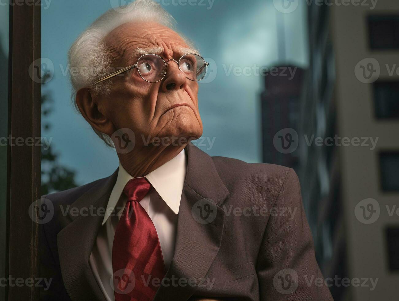 mayor hombre con un Corbata mirando a un alto subir edificio, jefe día imágenes foto