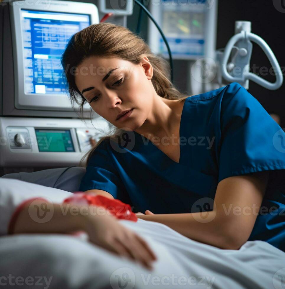 The nurse is wearing a blue scrubs and a white coat, medical stock images photo