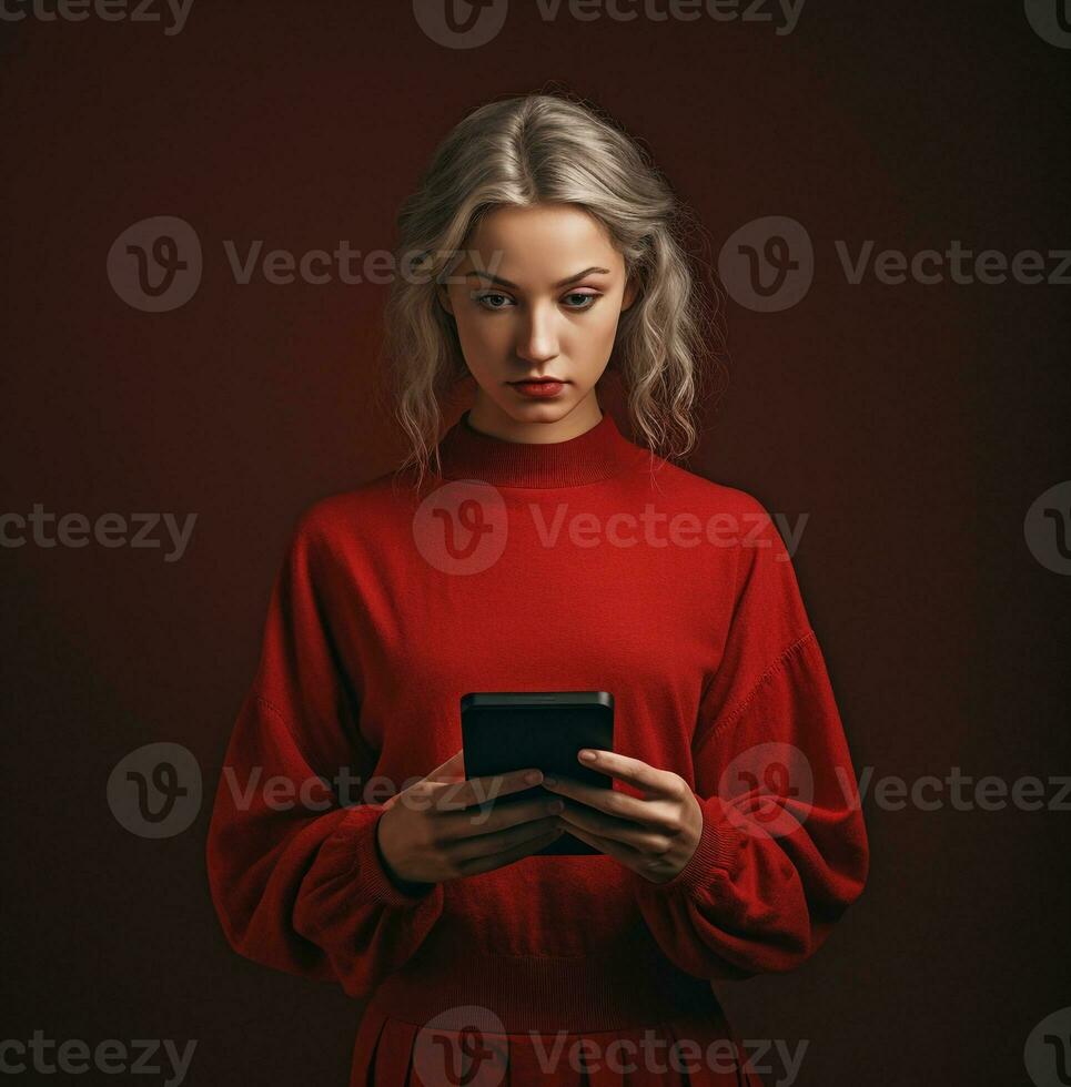 A gray haired woman wearing a red sweater and using a smart phone, modern aging stock images, ai generated aging images photo