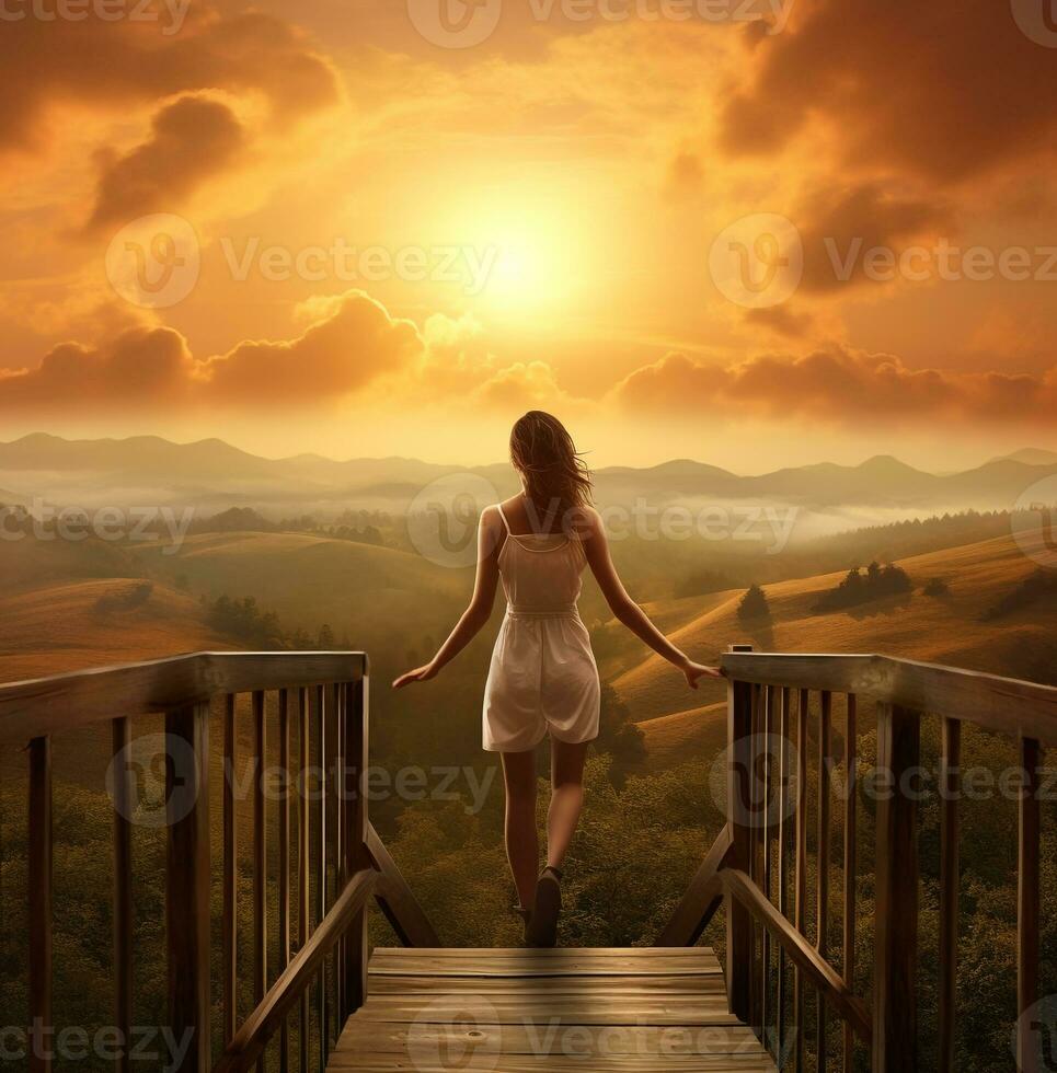 A woman is looking over a vast landscape during sunset while standing on a railing, wanderlust travel stock images, travel stock photos wanderlust