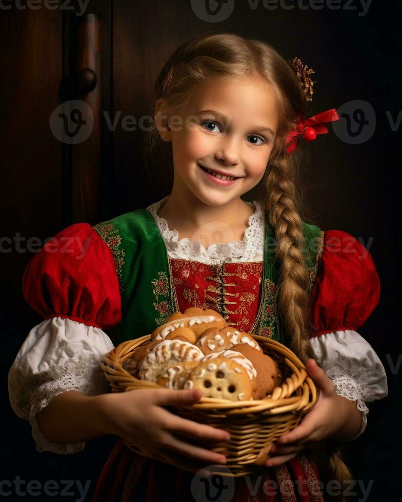 un de cerca retrato de un joven niña vistiendo un tradicional Navidad vestido, Navidad imagen, fotorrealista ilustración foto