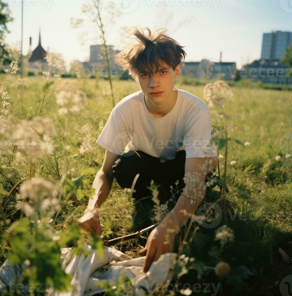 Teenage boy cleaning the park in the grass, nature stock photo