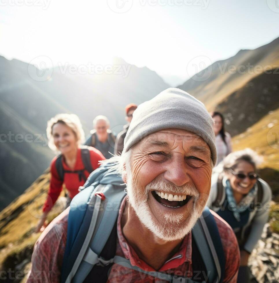 A group of older adults hike through the mountains, modern aging stock images, photorealistic illustration photo