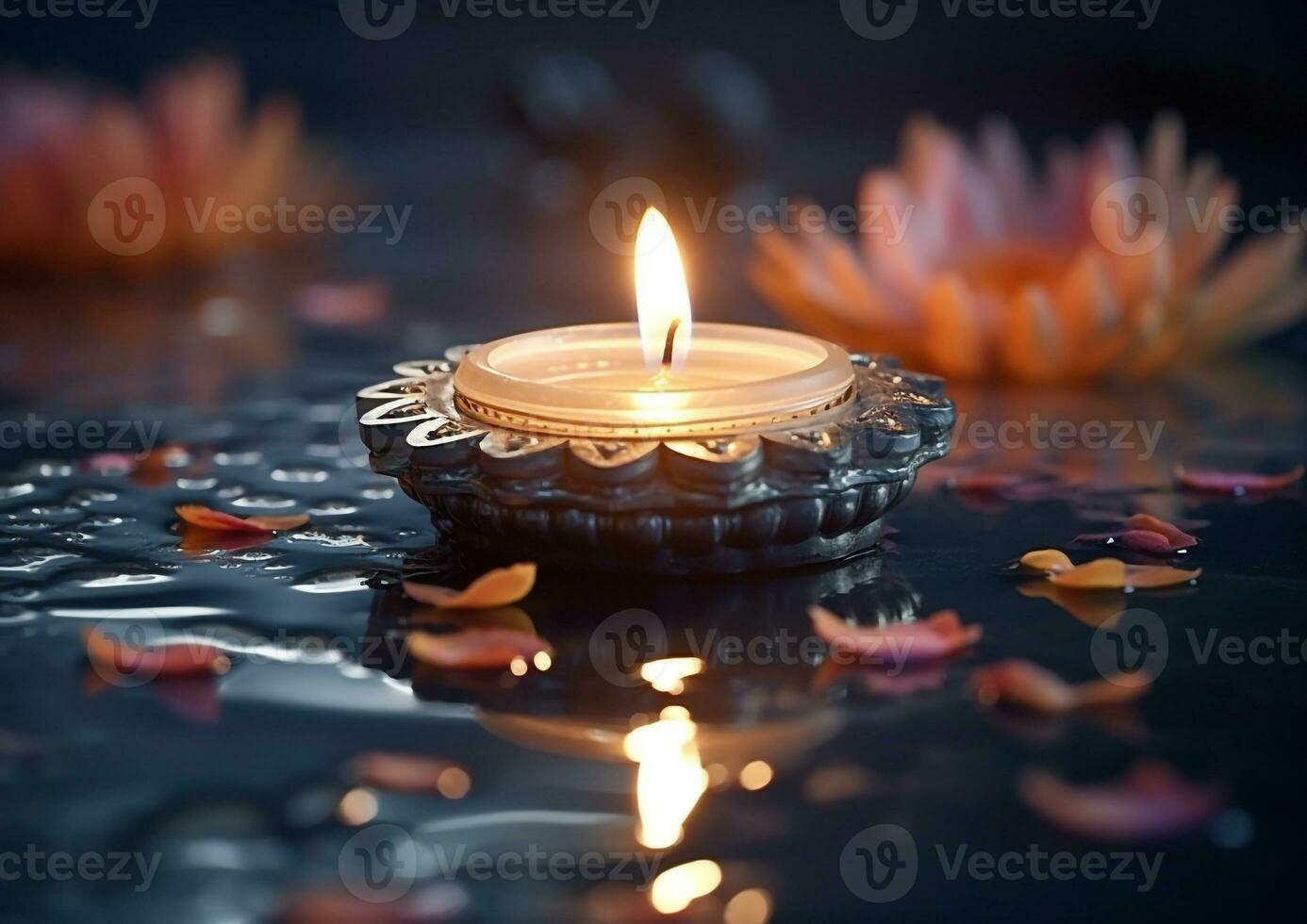 un diya flotante en un piscina de agua, diwali valores imágenes, realista valores fotos